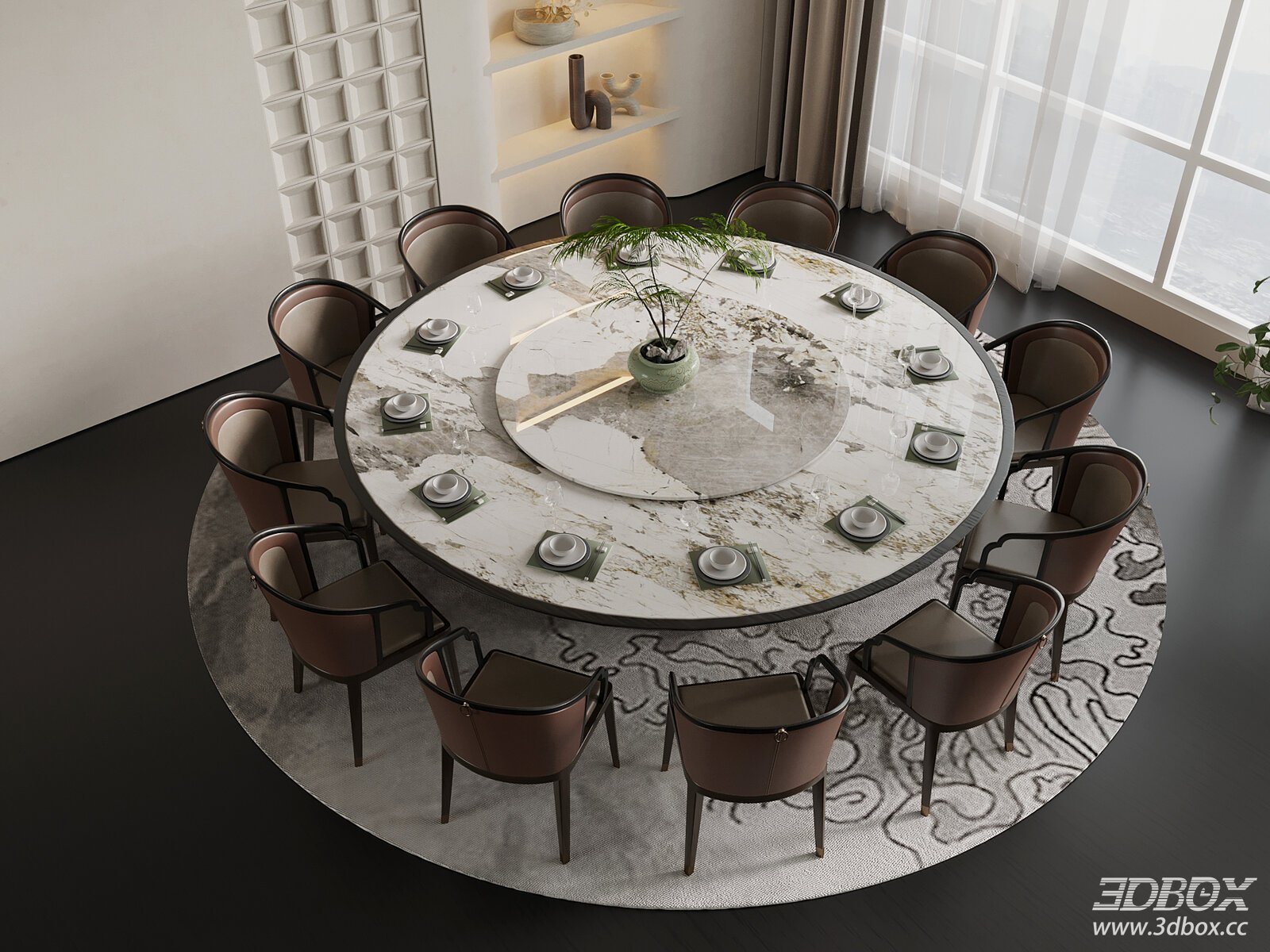 New Chinese Style Round Marble Dining Table and Chairs Set 3D model - front view