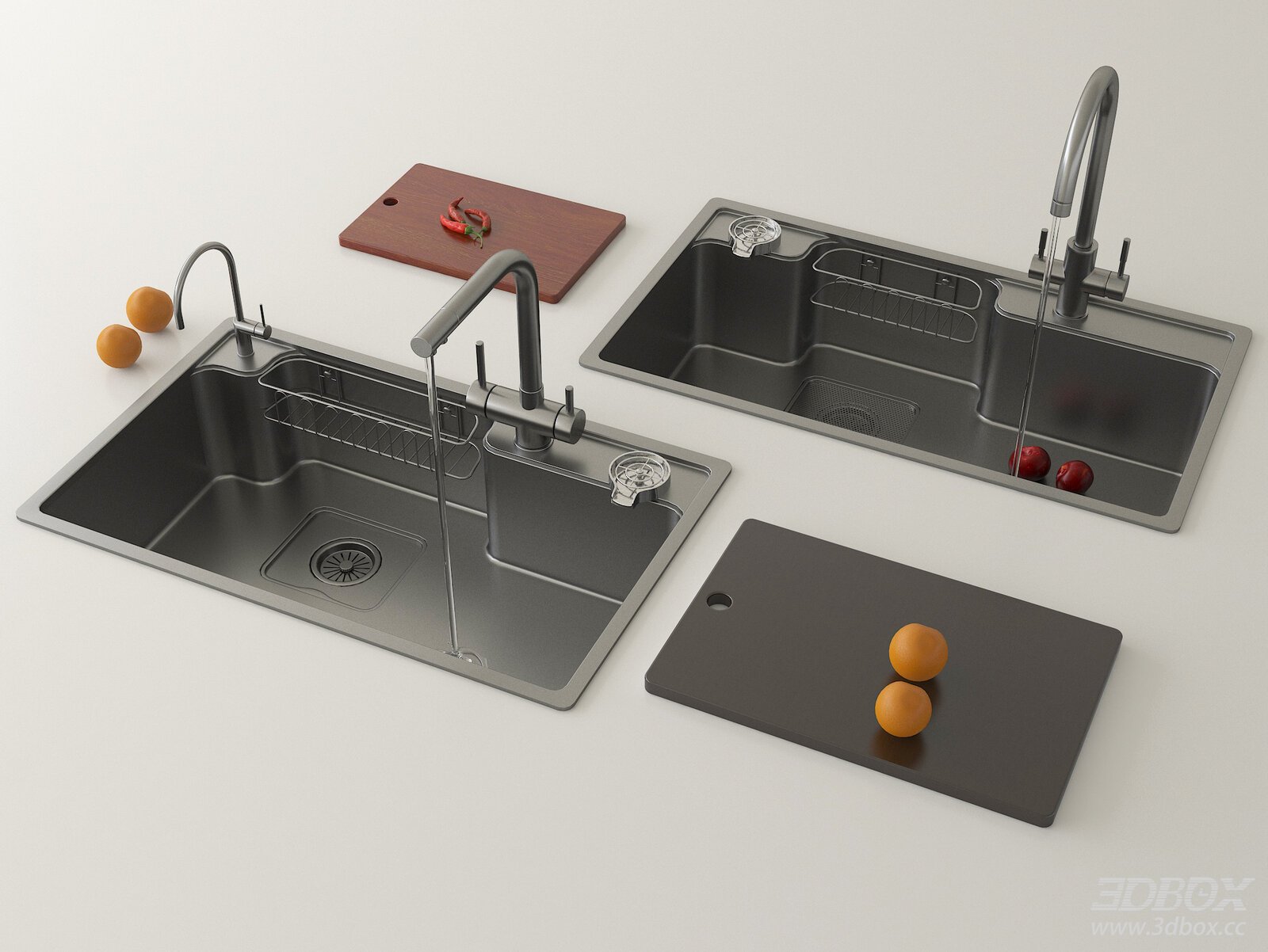 Modern Stainless Steel Kitchen Sink Set with Faucet and Cutting Board 3D model - front view