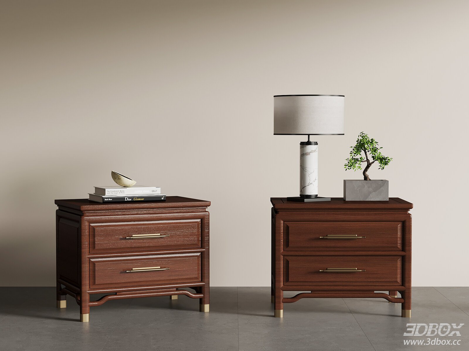 New Chinese Style Wooden Walnut Bedside Side Table Set 3D model - front view