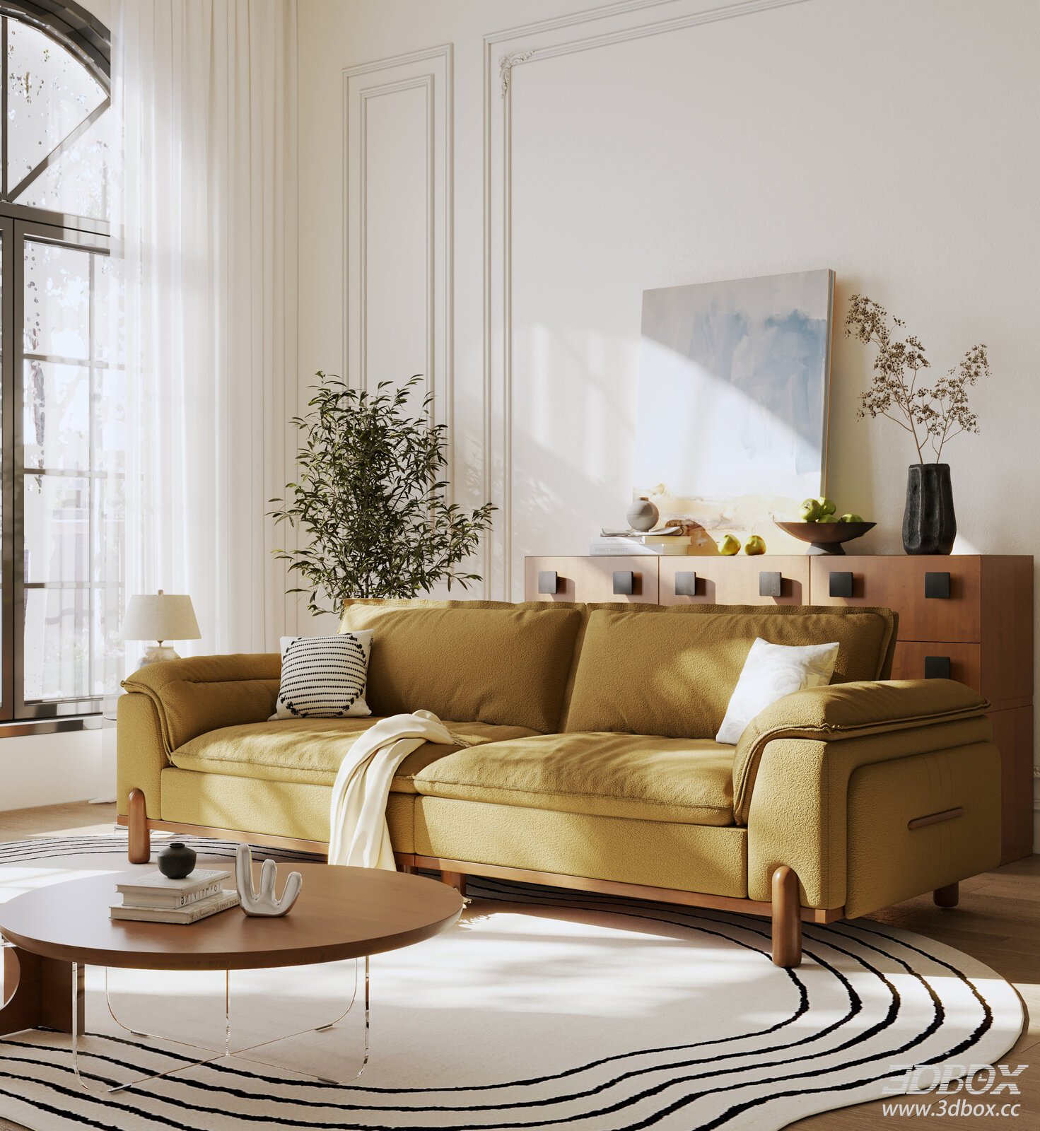 Mid Century Fabric Wooden Sofa Set Living Room 3D model - front view