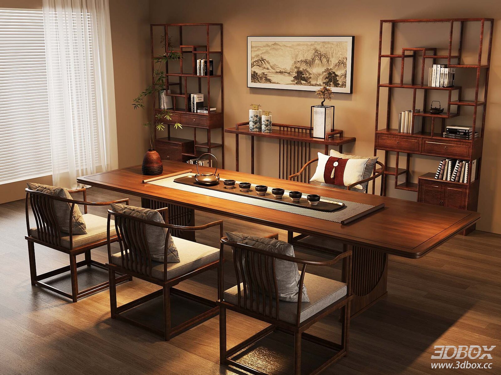 New Chinese Style Tea Room with Wooden Tea Table and Armchairs 3D model - front view