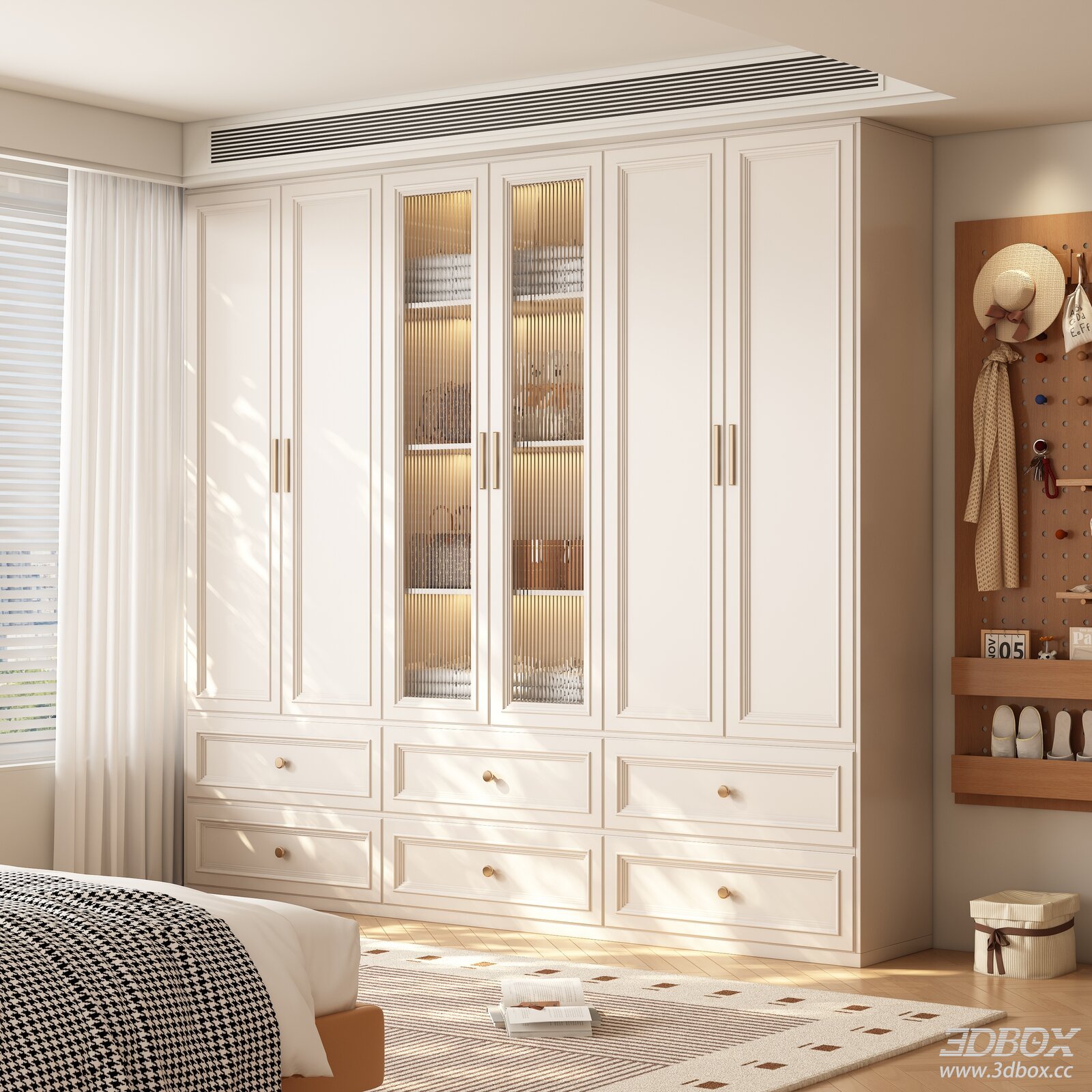 Modern Cream Style Wardrobe with Glass Doors for Bedroom 3D model - front view