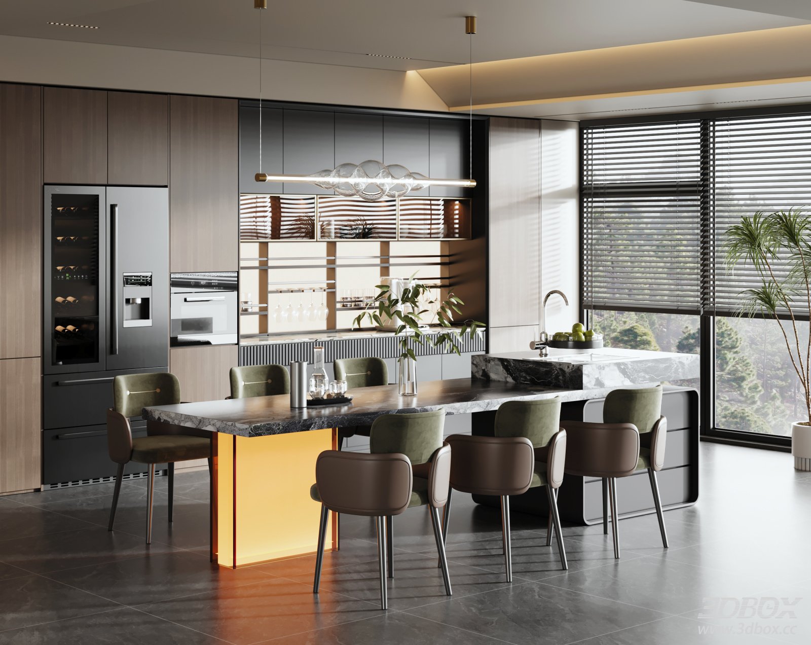 Modern Luxury Italian Style Kitchen Island Dining Room 3D model - front view