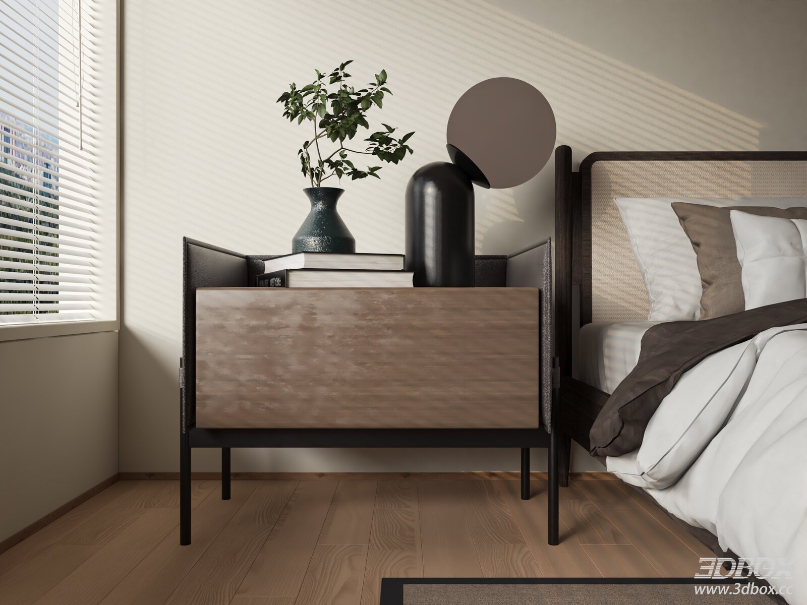 Modern Wooden Nightstand with Metal Frame for Bedroom 3D model - front view