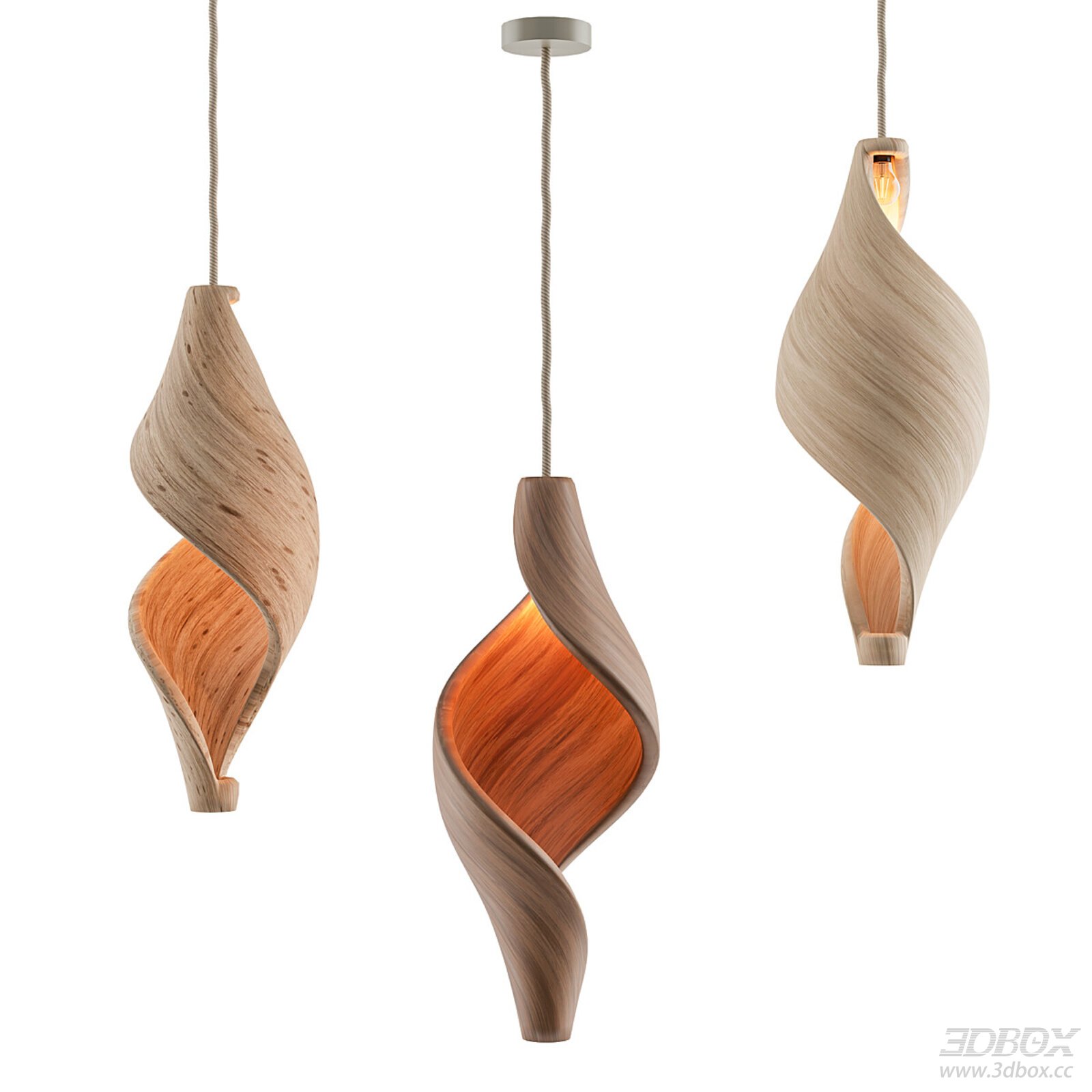 Twisted Wooden Pendant Ceiling Lamp Set 3D model - front view