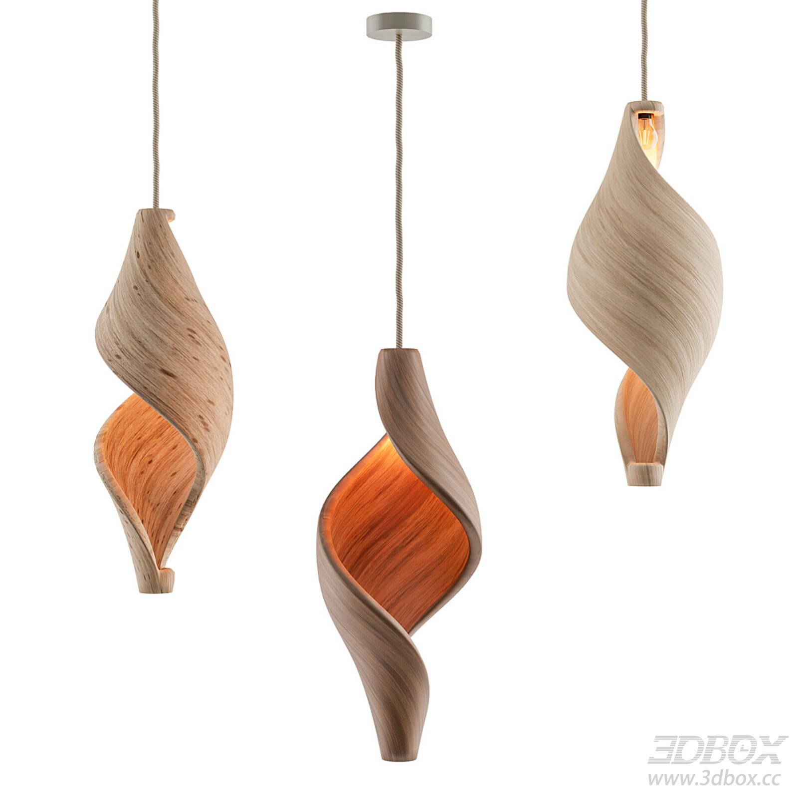 Twisted Wooden Pendant Ceiling Lamp Set 3D model - thumbnail 1