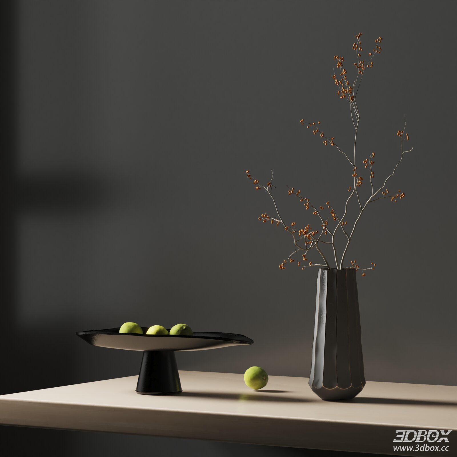 Modern Minimalist Decor Set with Vase Dried Branch and Fruit Tray 3D model - front view
