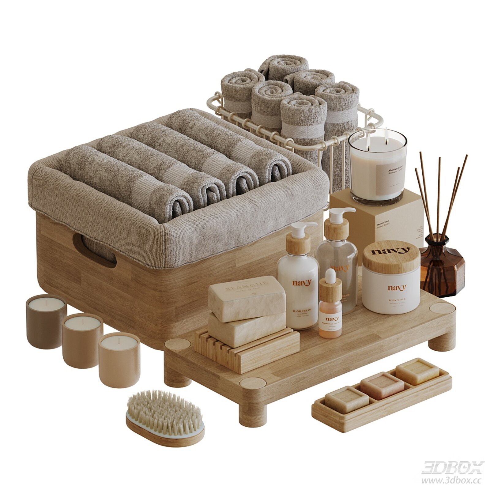Bathroom Spa Decor Set with Towels Candles and Body Care Products 3D model - front view