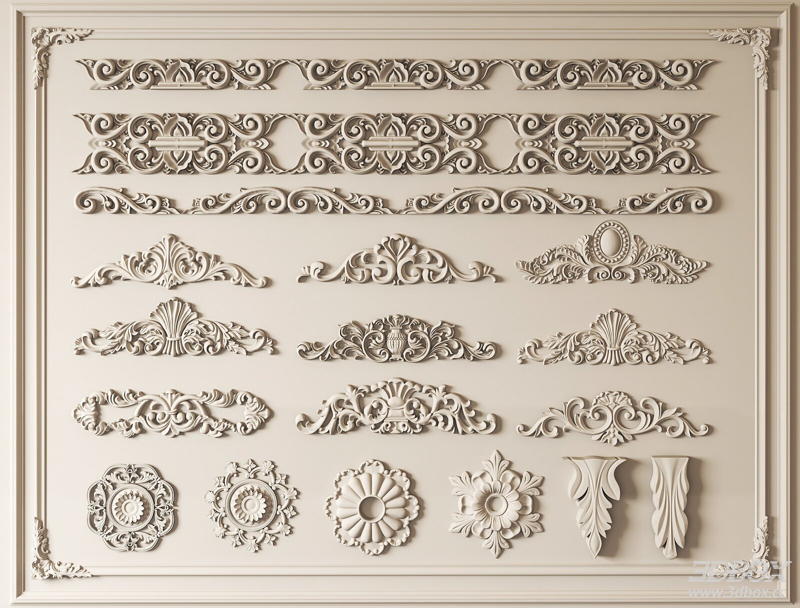 Classic Decorative Plaster Ornaments Set 3D model - front view