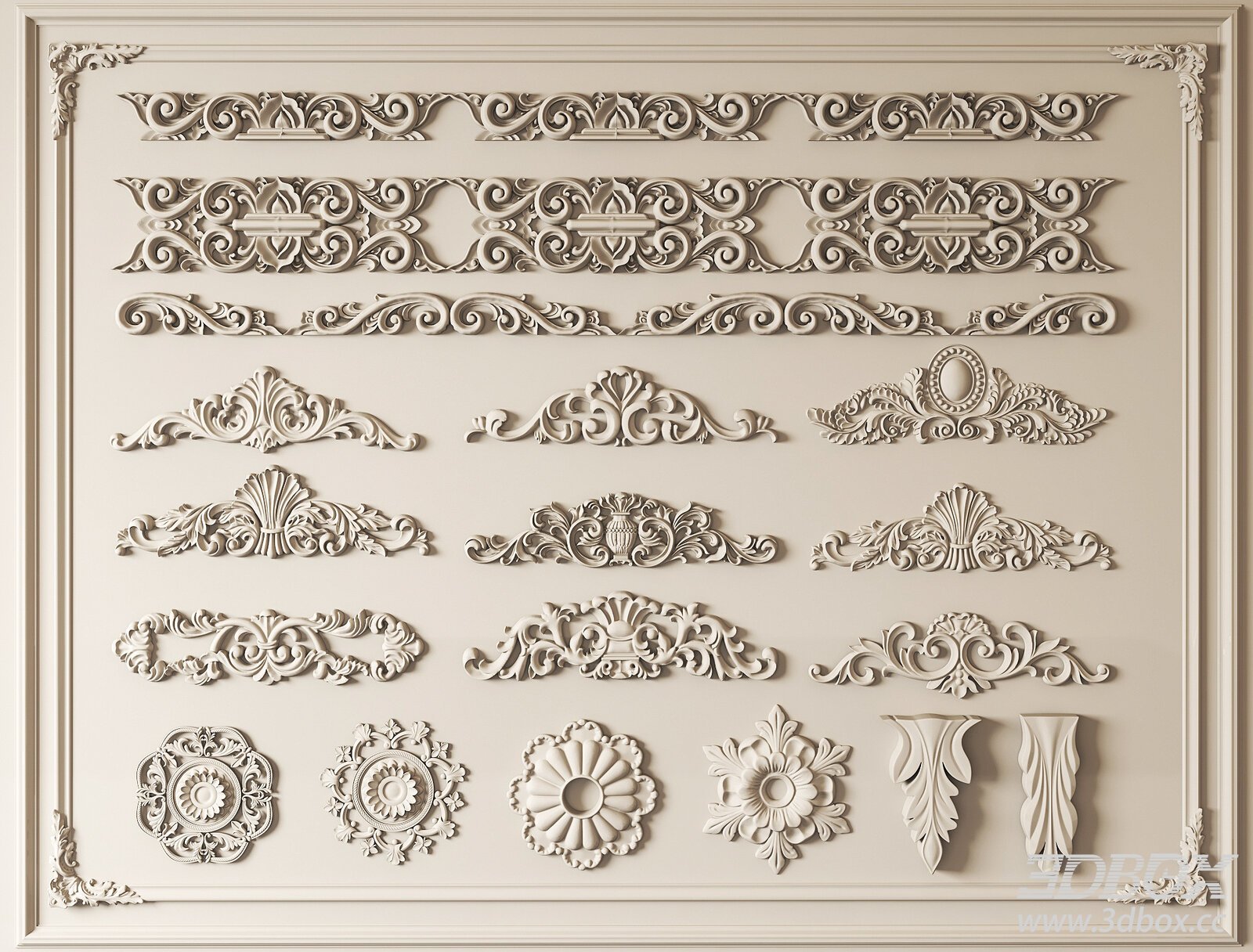 Classic Decorative Plaster Ornaments Set 3D model - thumbnail 1