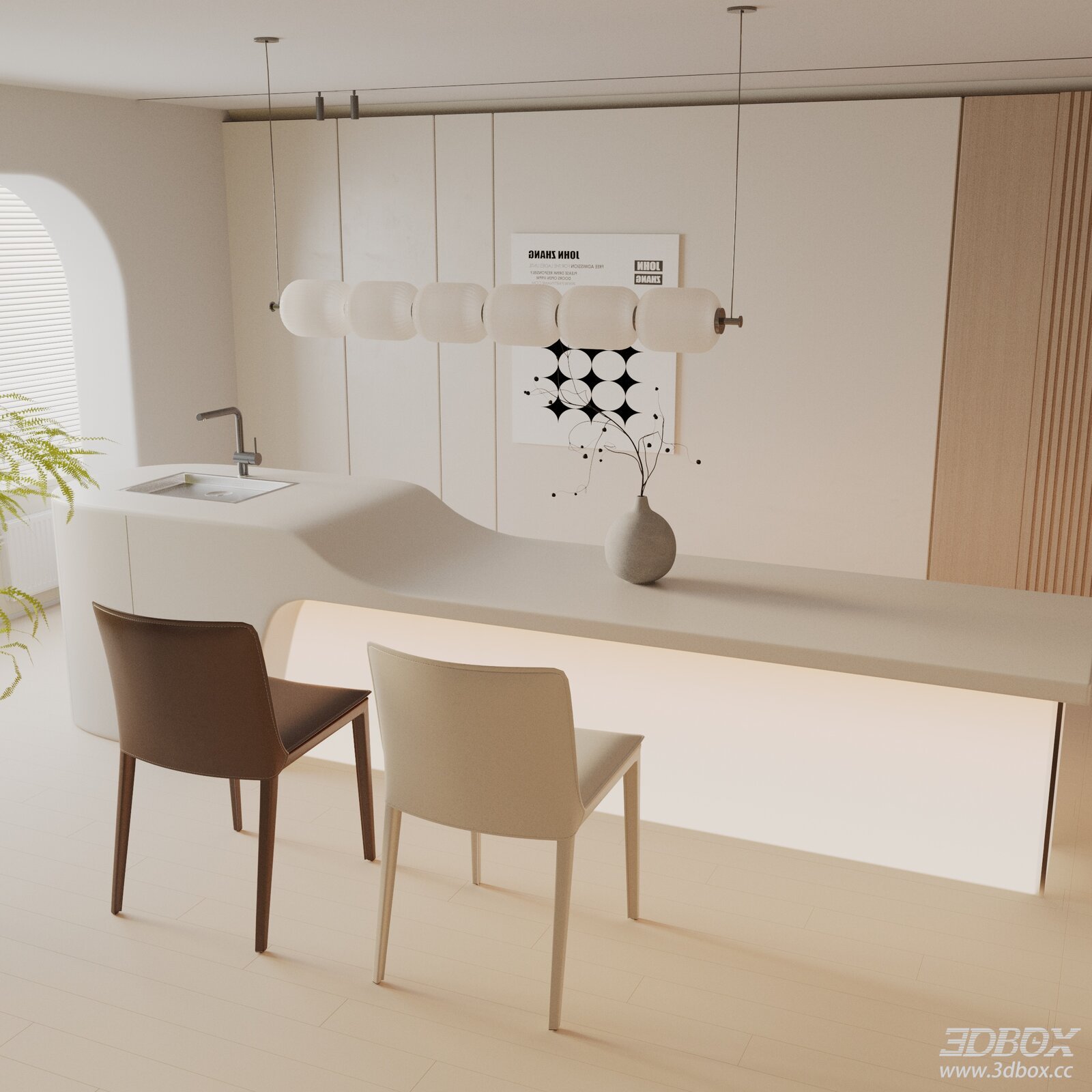 Modern Minimalist Kitchen Dining Bar with Chairs 3D model - front view