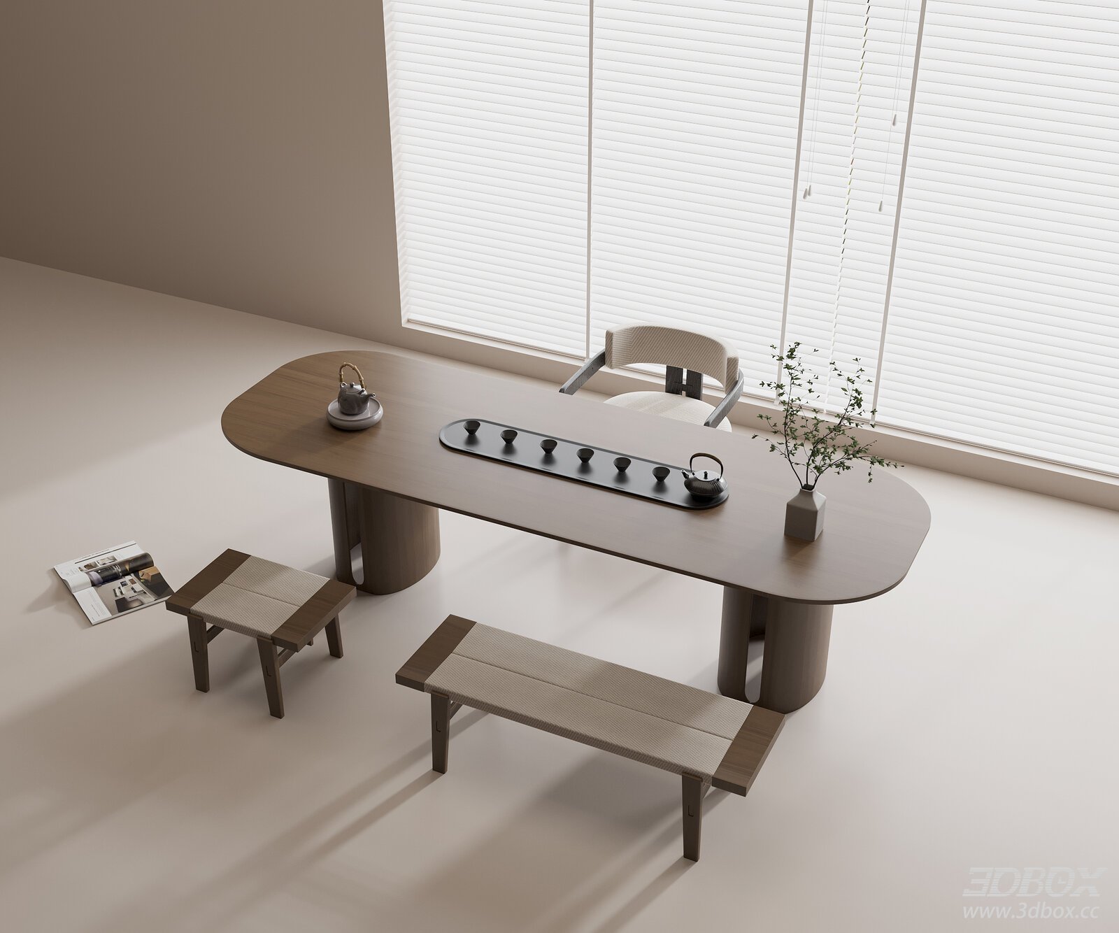 Minimalist Wooden Tea Table Set with Chairs and Tea Ware 3D model - front view