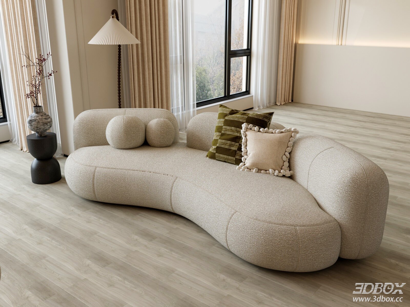 Modern Curved Boucle Fabric Sofa with Decor Pillows 3D model - front view