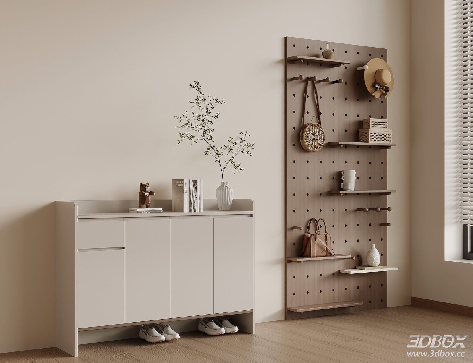 Modern Minimalist Hallway Shoe Cabinet with Pegboard Wall Shelf 3D model - front view