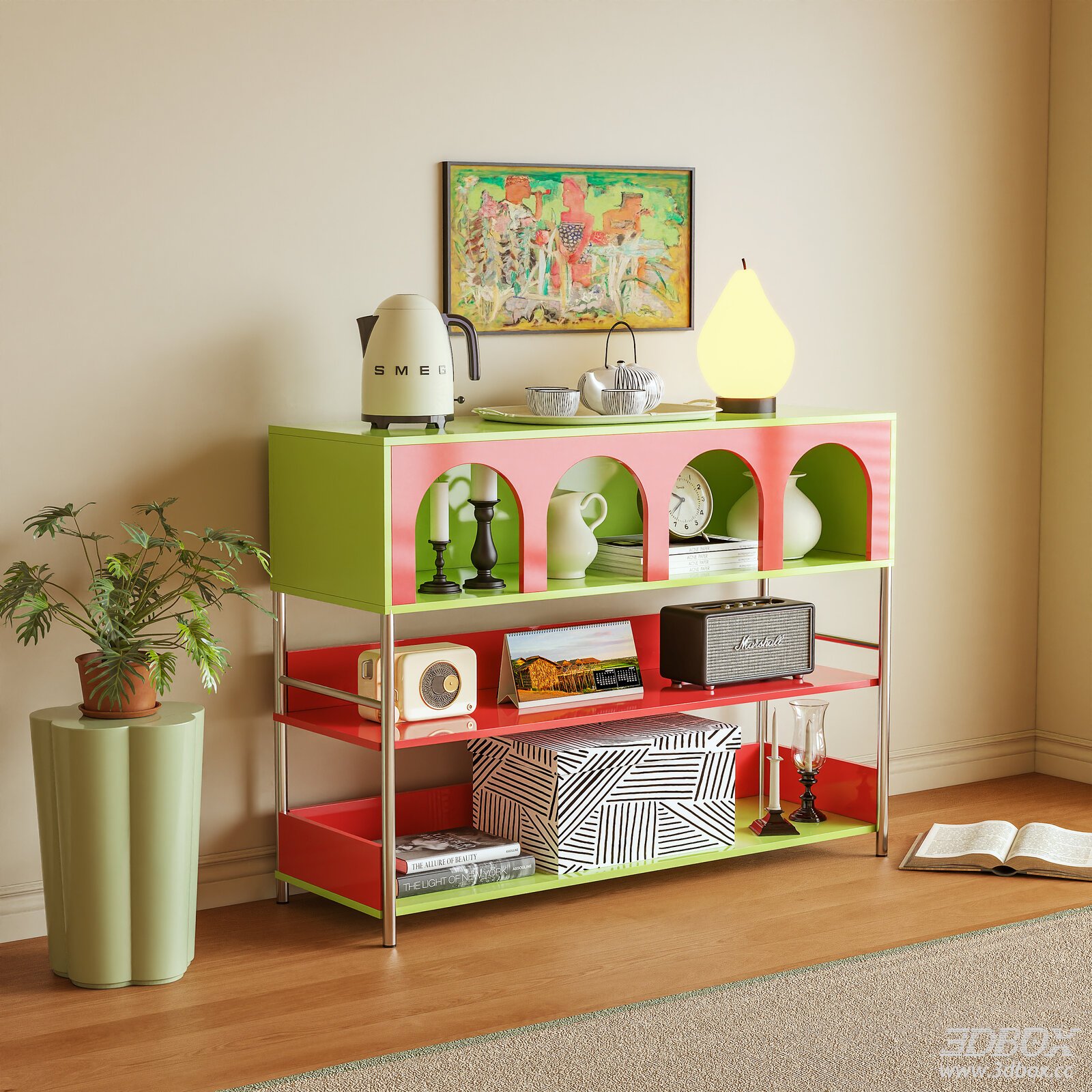 Colorful Modern Sideboard Decorative Shelf Set 3D model - front view