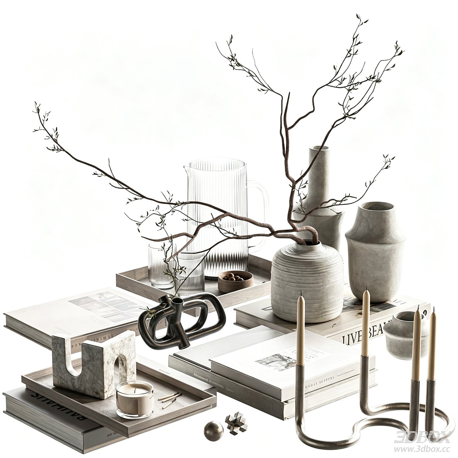 Modern Minimalist Decorative Set with Vases Books and Candle Holders 3D model - front view