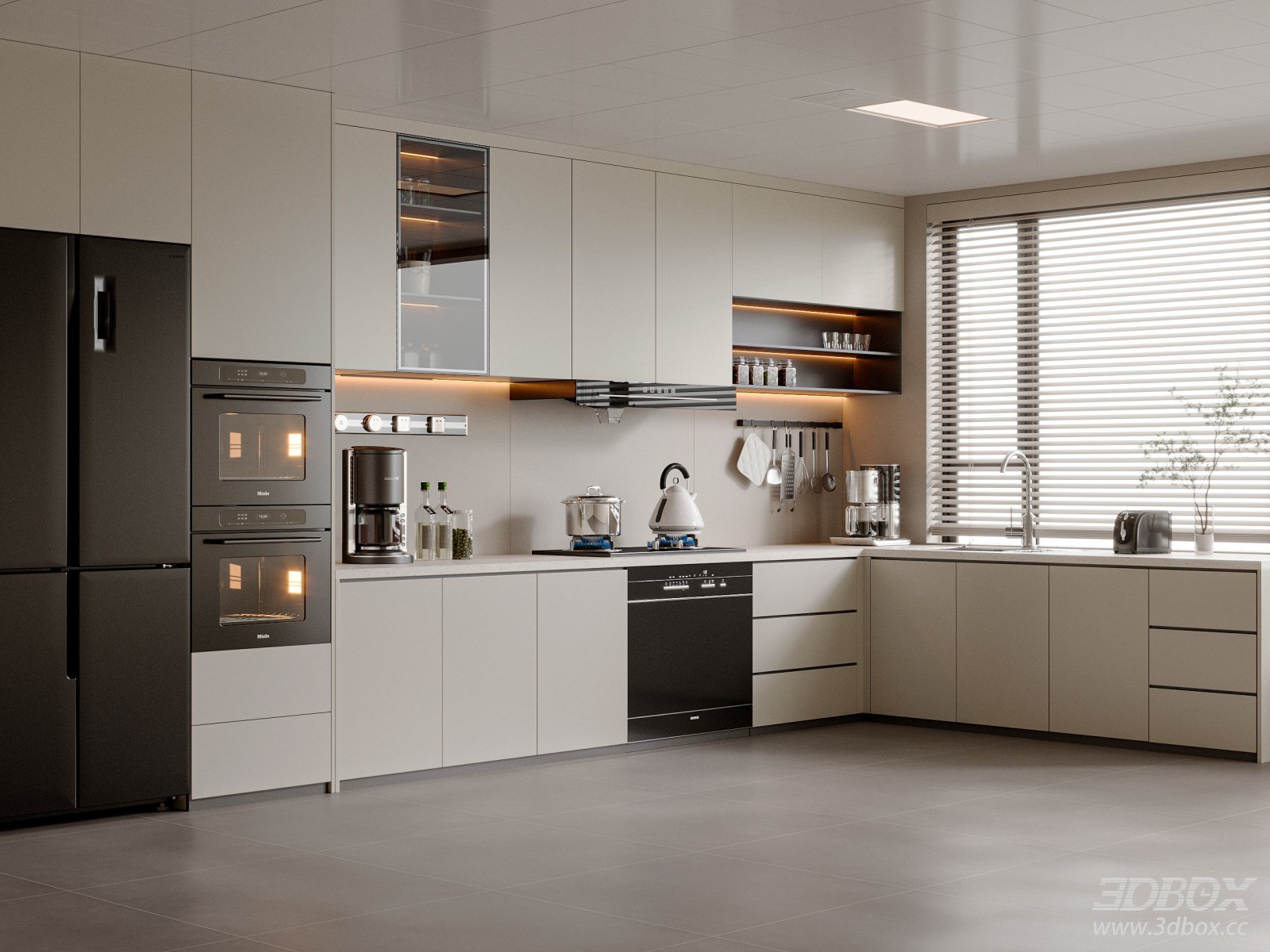 Modern Minimalist Full Kitchen Scene with Appliances 3D model - front view