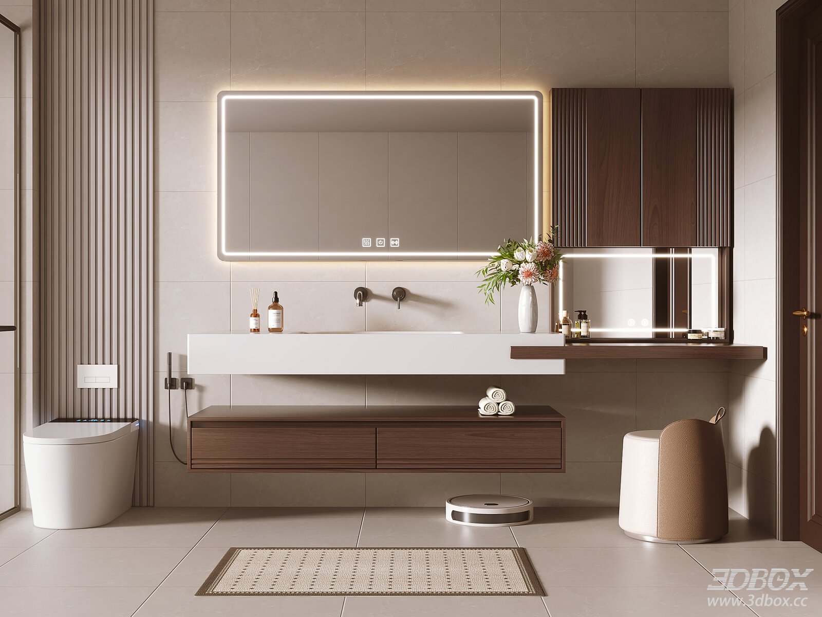 Mid-century Modern Bathroom Vanity Scene with Smart Toilet 3D model - front view