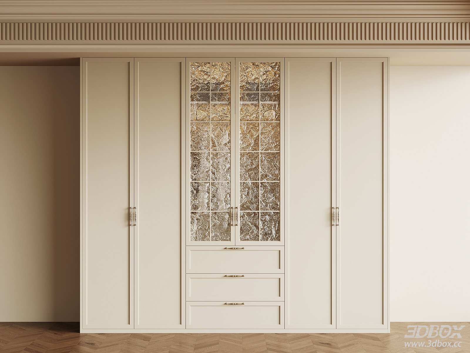 French Vintage Cream Wardrobe with Glass Doors 3D model - front view