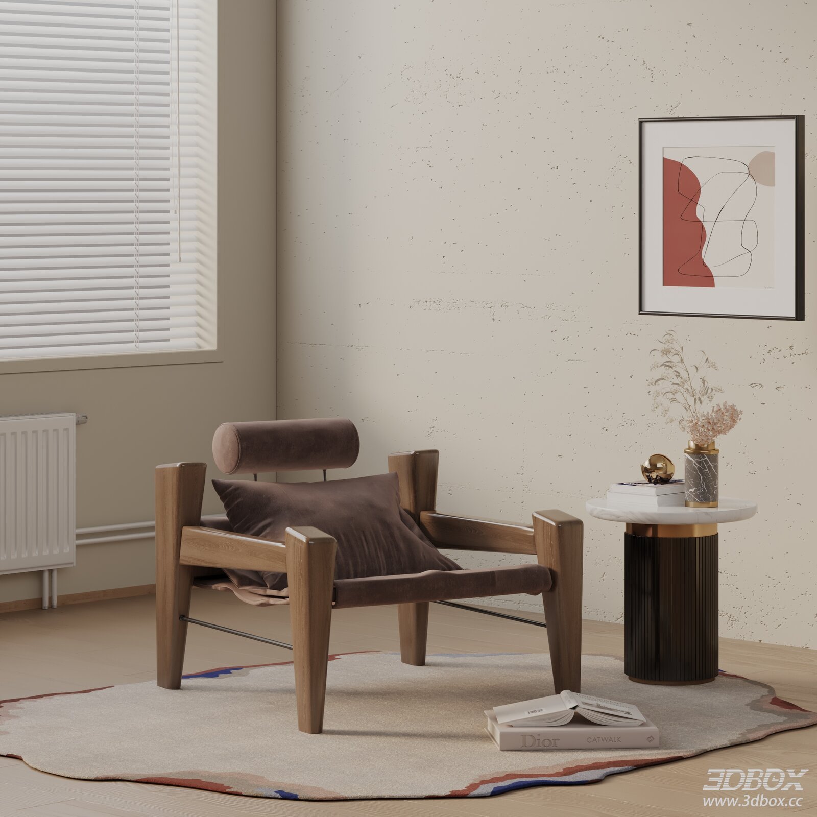 Modern Wooden Frame Velvet Upholstered Armchair 3D model - front view