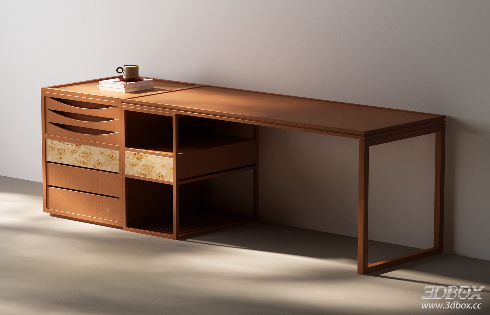 Mid Century Modern Wooden Desk with Drawer Storage 3D model - front view