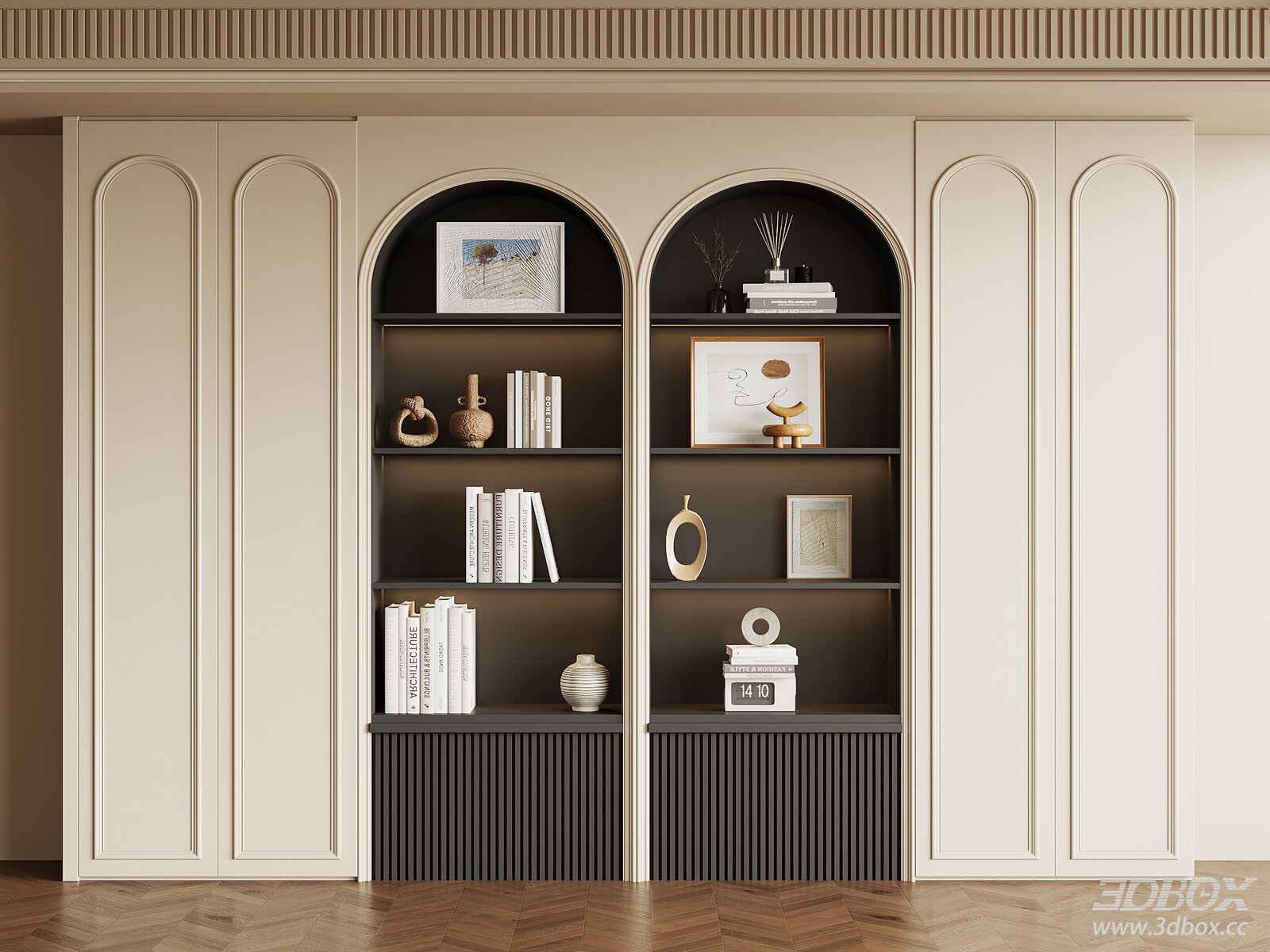 French Vintage Arched Display Bookshelf Cabinet 3D model - front view