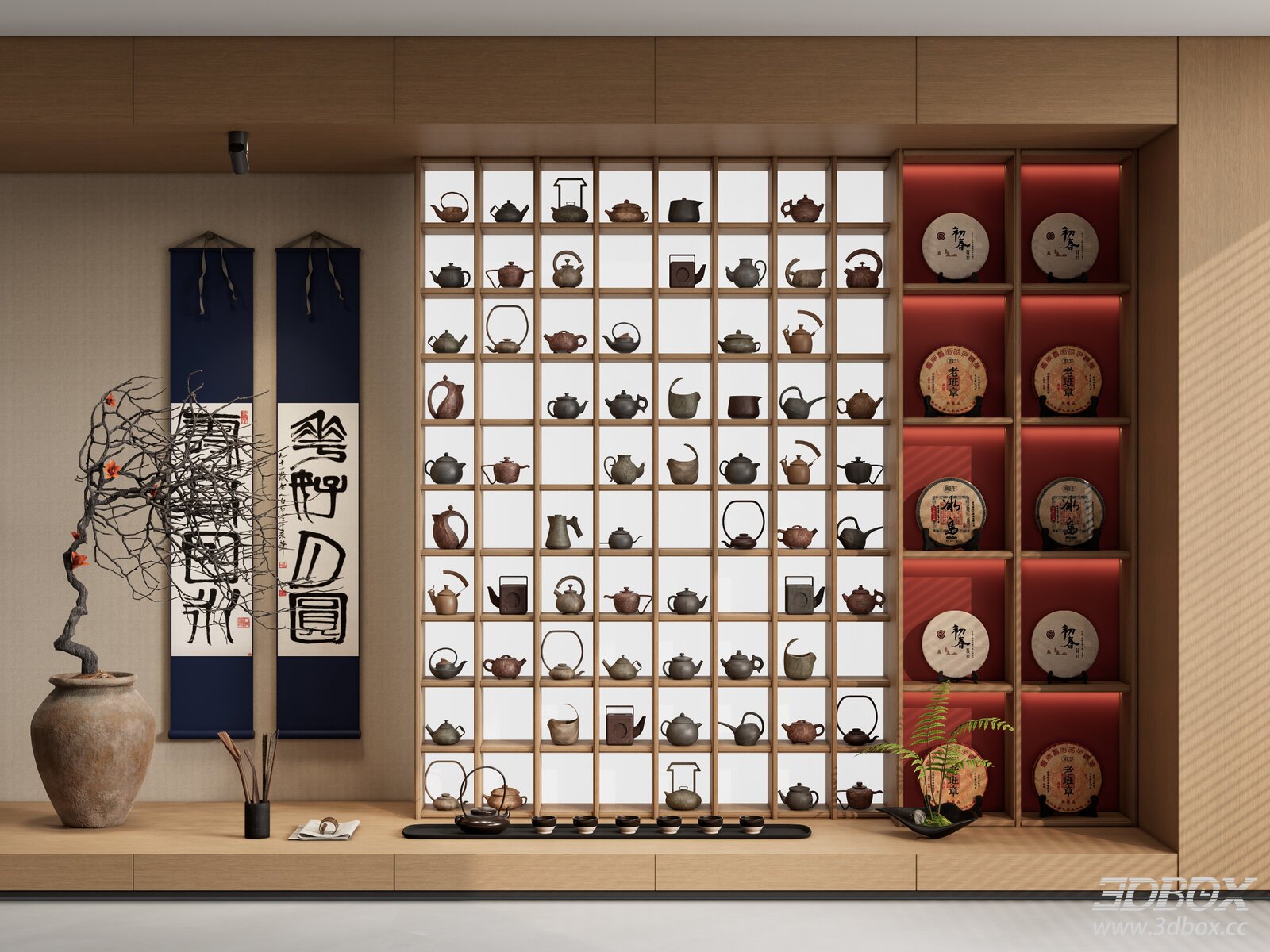New Chinese Style Tea Room Display Shelf with Tea Set 3D model - front view
