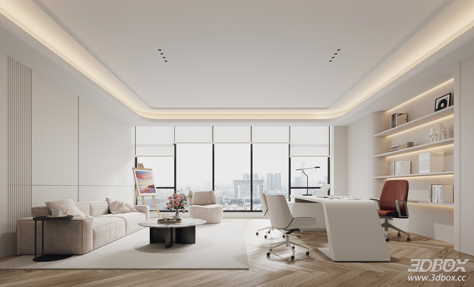 Modern Minimalist Executive Manager Office Interior Scene 3D model - front view