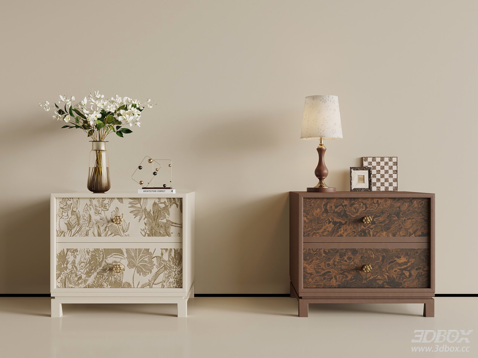 Modern Luxury Nightstand Bedside Side Table Set 3D model - front view