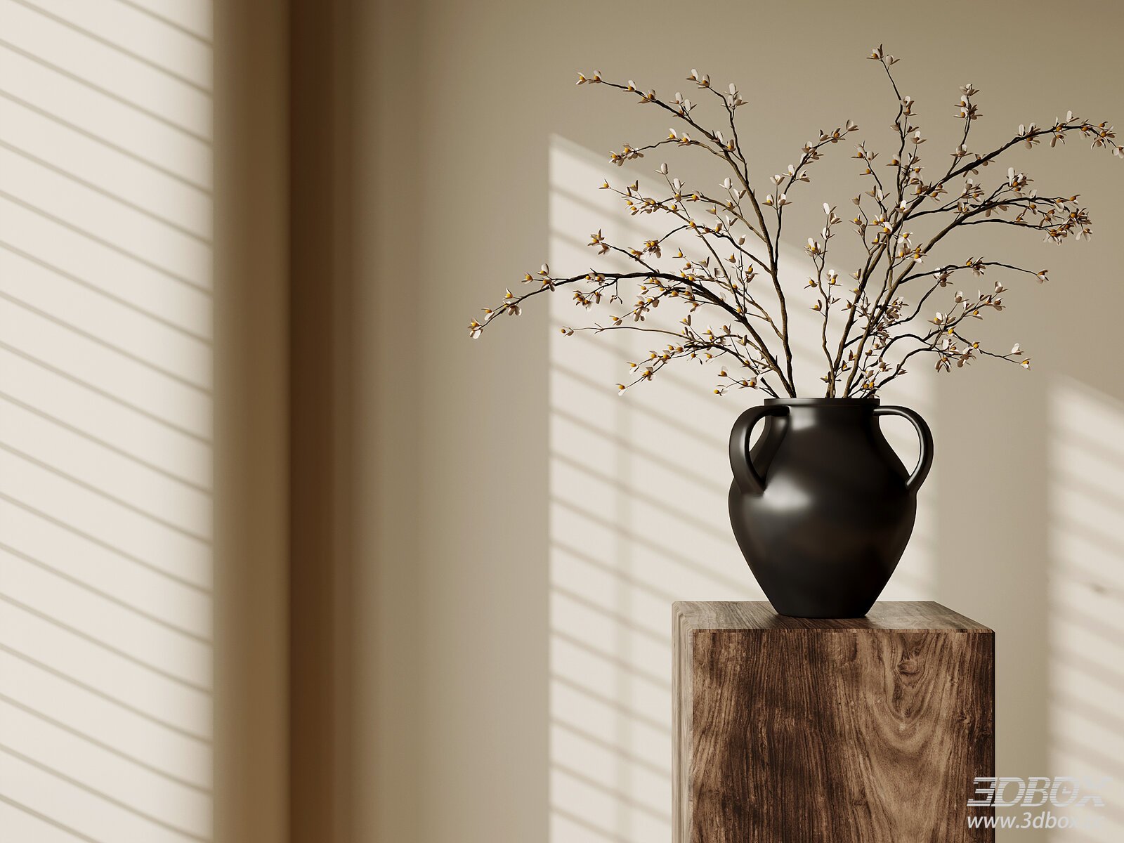 Vintage Black Vase with Dried Floral Branches Decor Set 3D model - front view