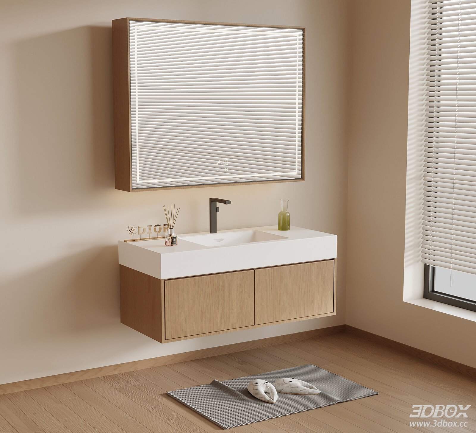 Modern Minimalist Wall Mounted Bathroom Vanity with Smart LED Mirror 3D model - front view
