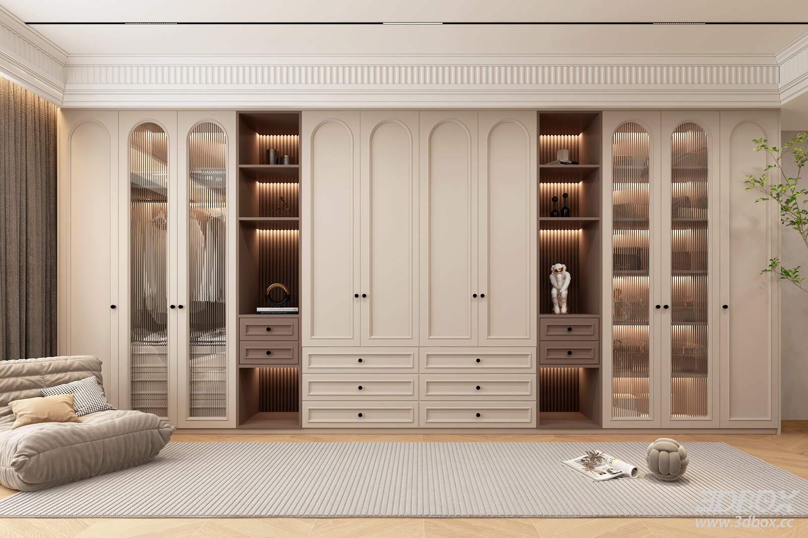French Style Semi Open Wardrobe with LED Lighting 3D model - front view