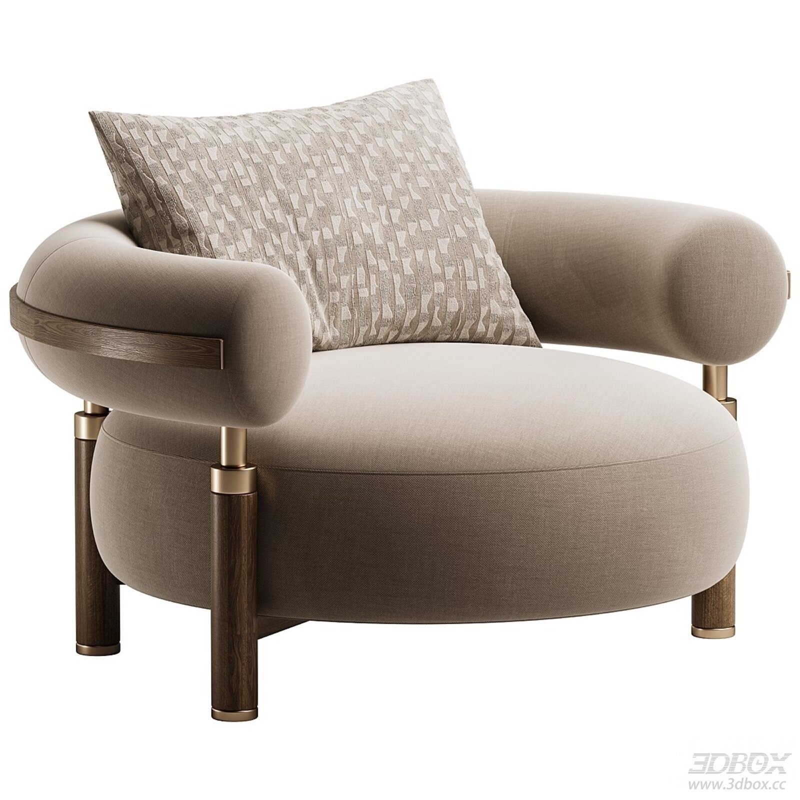 Modern Luxury Fabric Armchair with Wooden Legs and Brass Accents 3D model - front view