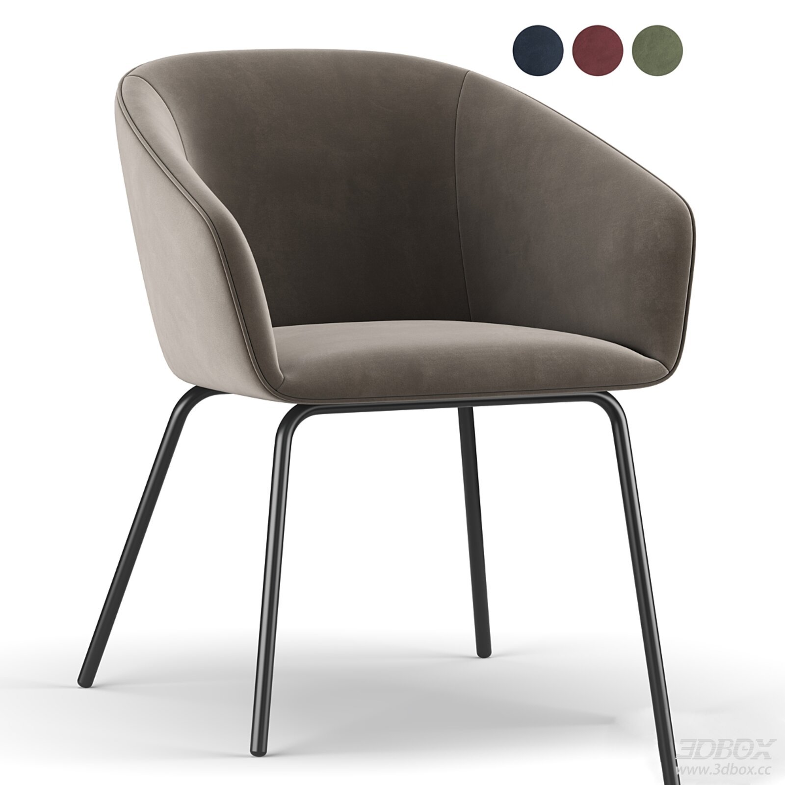 Modern Velvet Upholstered Dining Armchair with Metal Legs 3D model - front view
