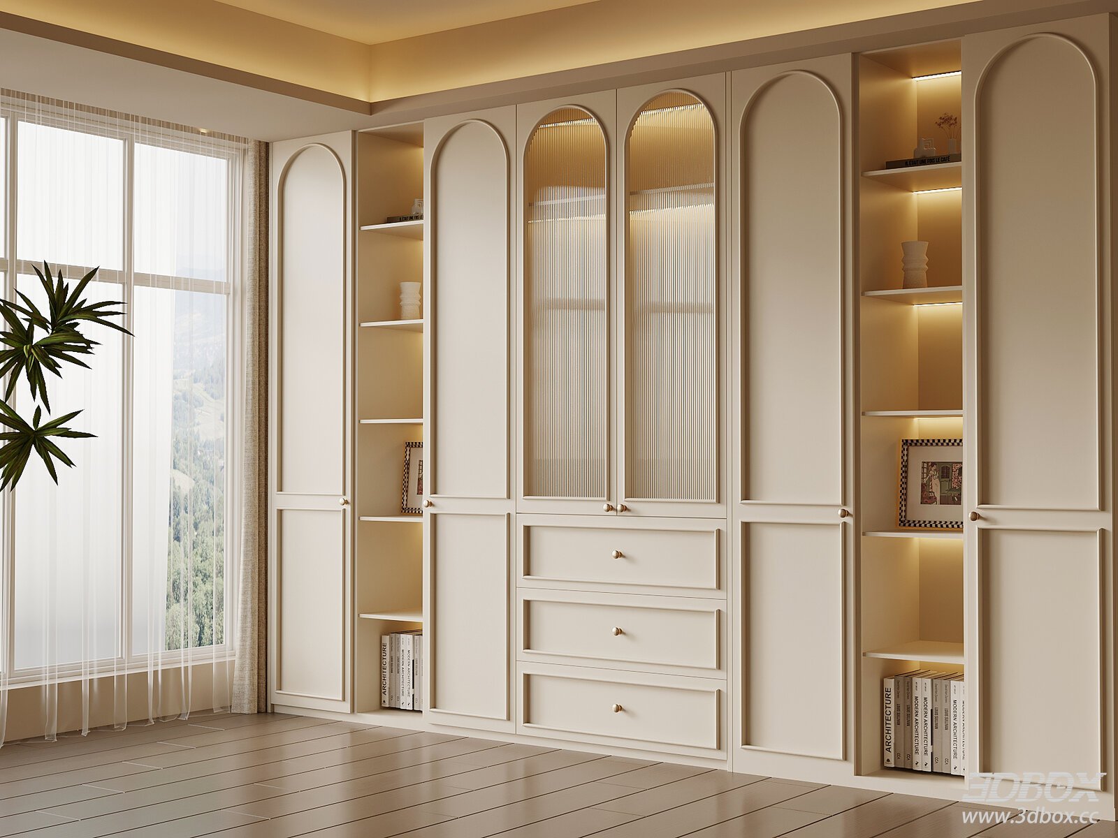 Cream White Vintage Style Built-in Display Bookshelf 3D model - front view