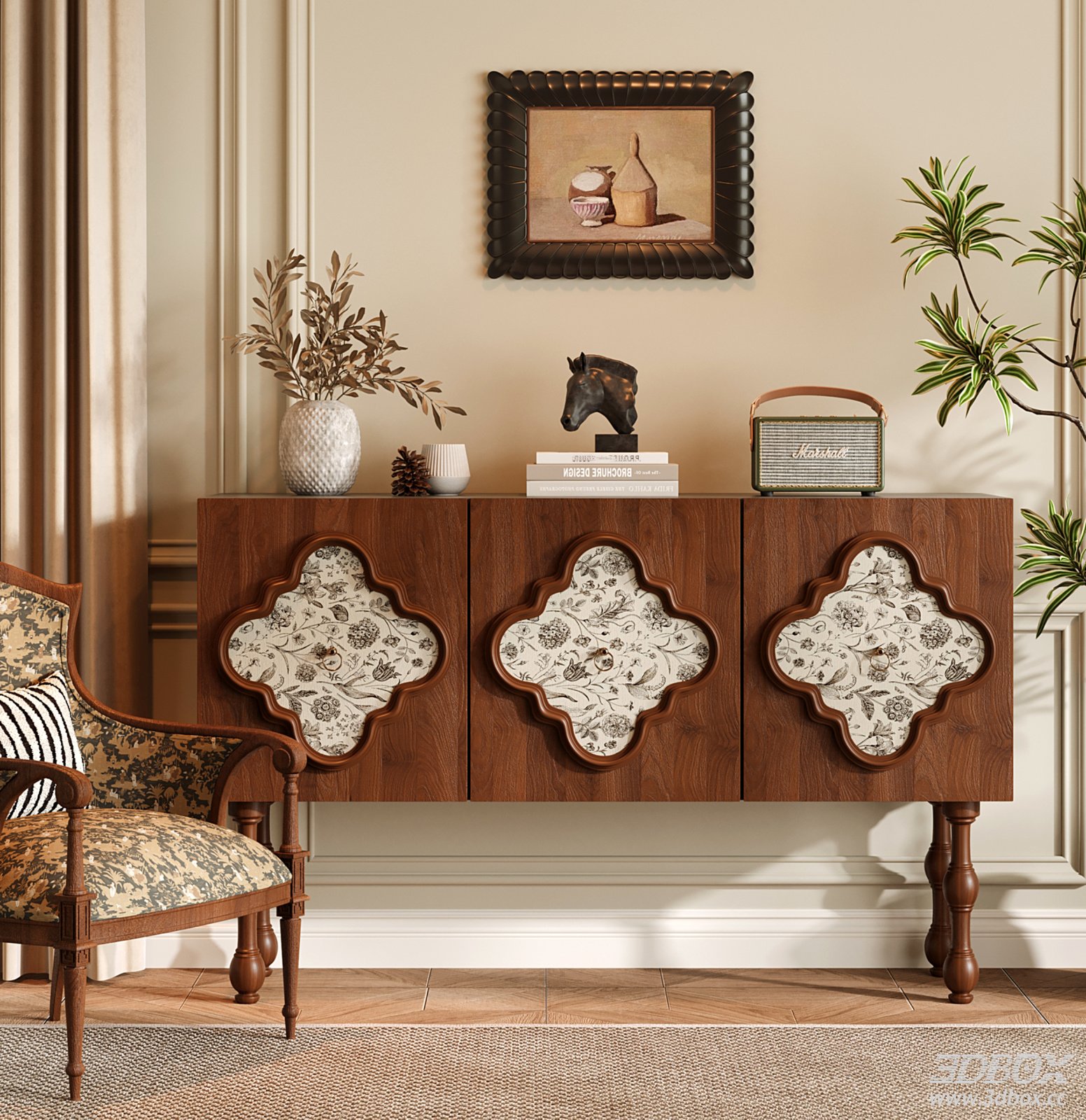 Vintage French Style Wooden Sideboard Cabinet 3D model - front view
