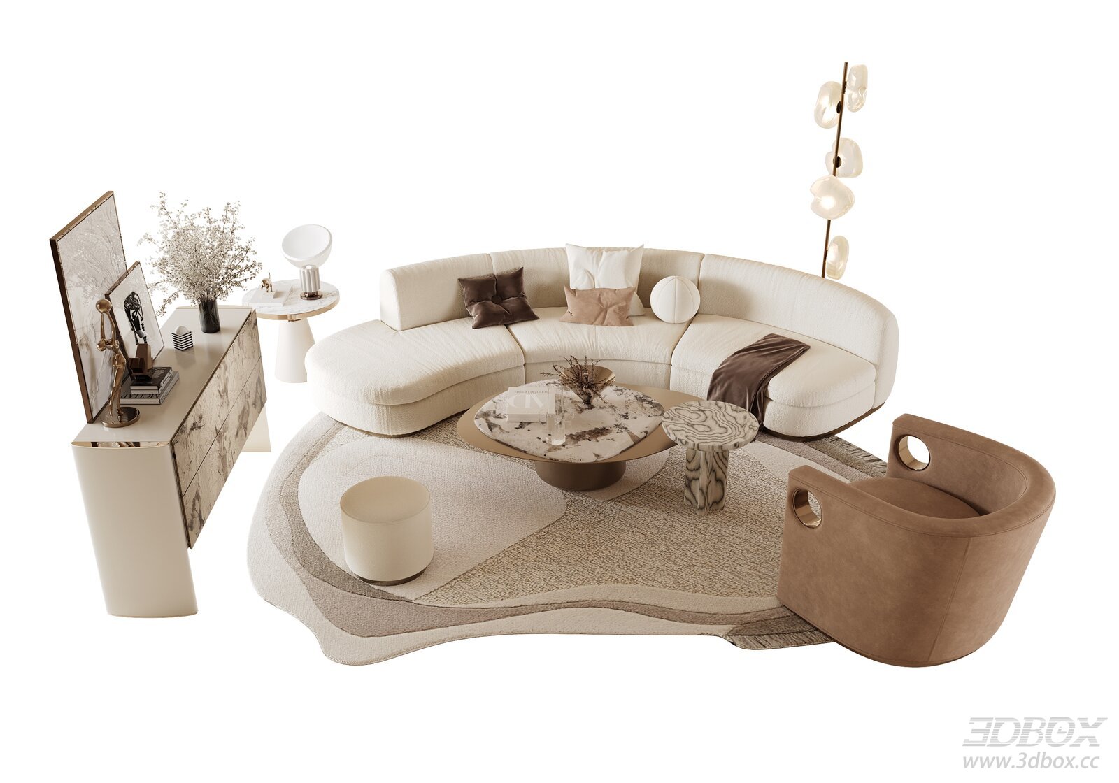 French Luxury Curved Sofa Set Living Room Furniture 3D model - front view