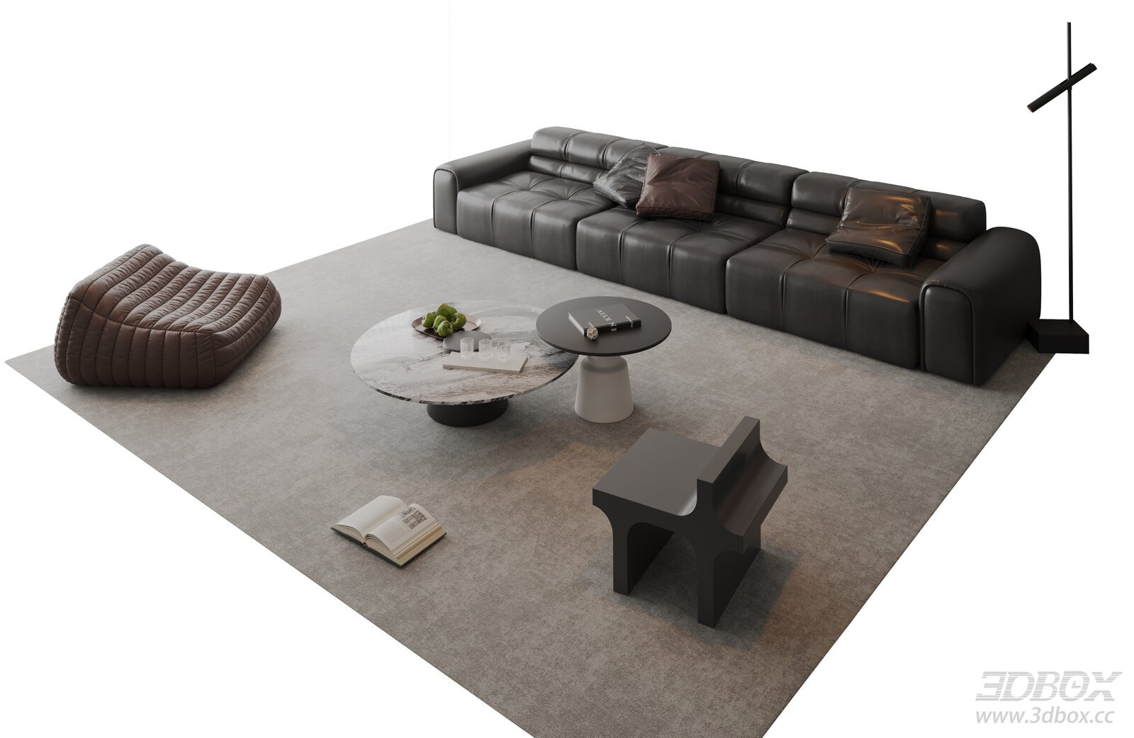 Modern Italian Leather Sofa and Coffee Table Set 3D model - front view