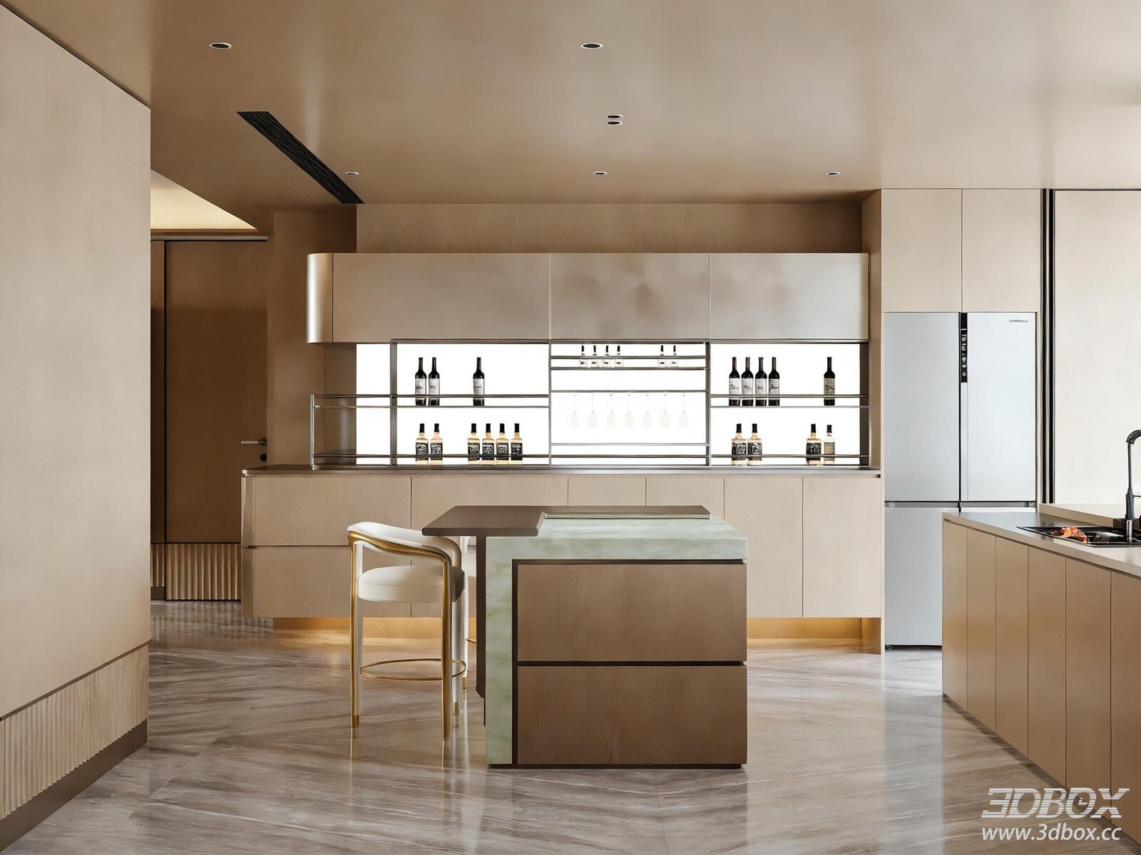 Modern Luxury Open Kitchen Dining Room with Island Bar 3D model - front view