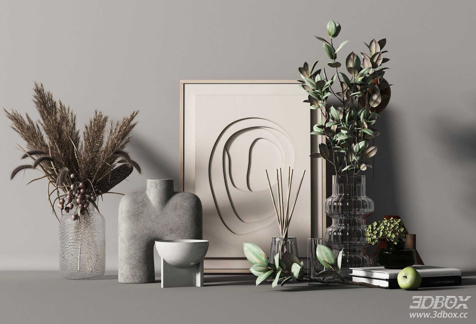 Modern Minimalist Decorative Set Vase Foliage Framed Art 3D model - front view