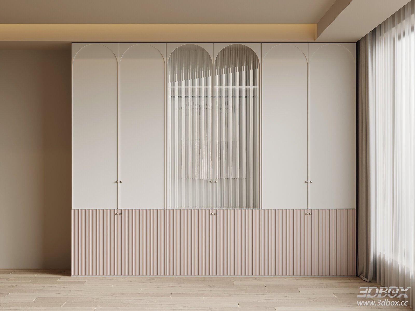 French Cream Style Arched Wardrobe with Fluted Glass 3D model - front view