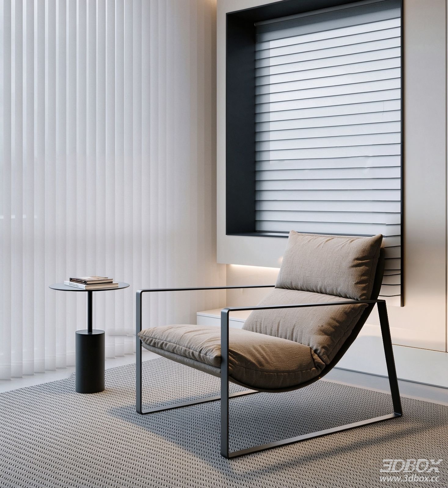 Modern Minimalist Fabric Single Armchair with Metal Frame 3D model - front view