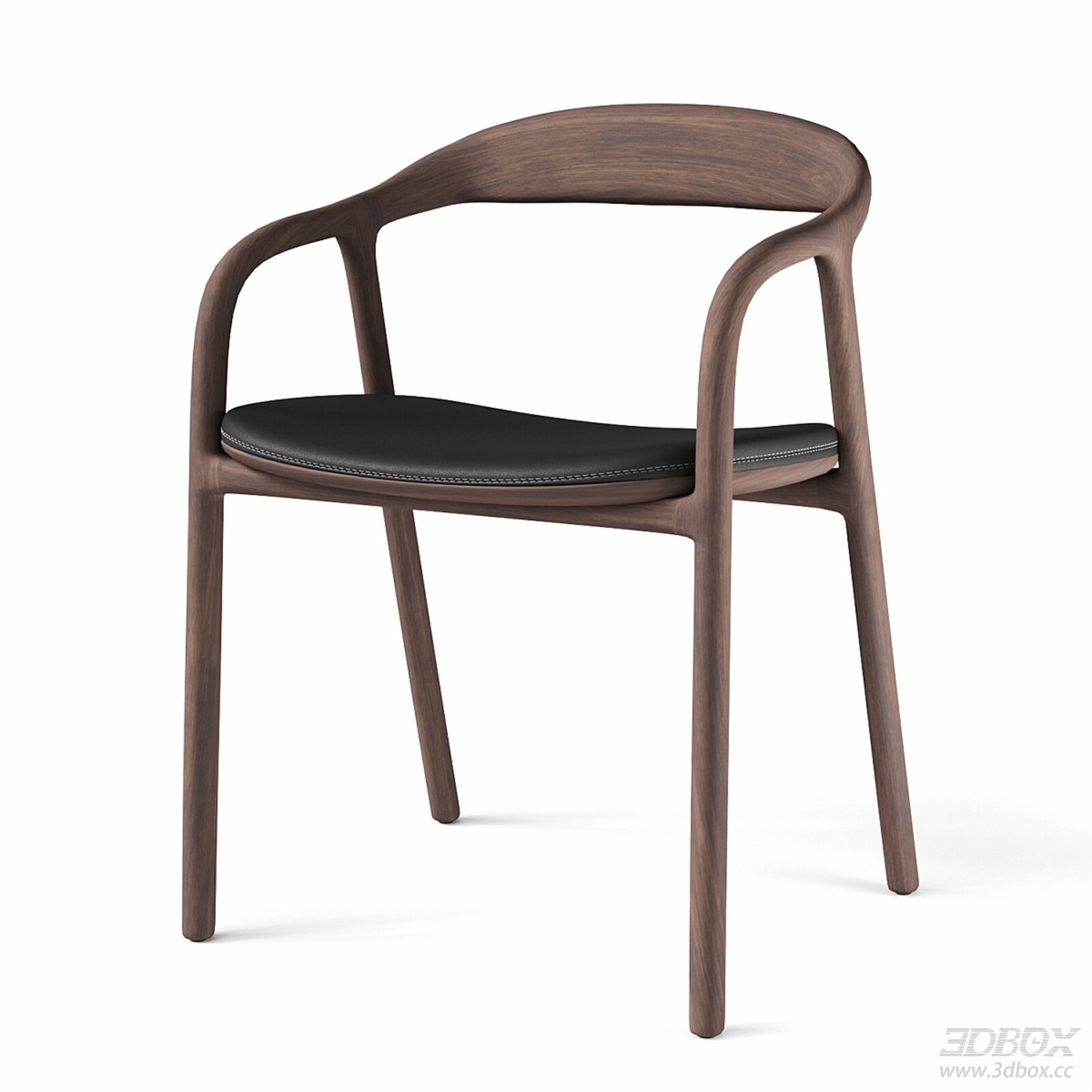 Modern Walnut Wood Armchair with Leather Upholstered Seat 3D model - front view