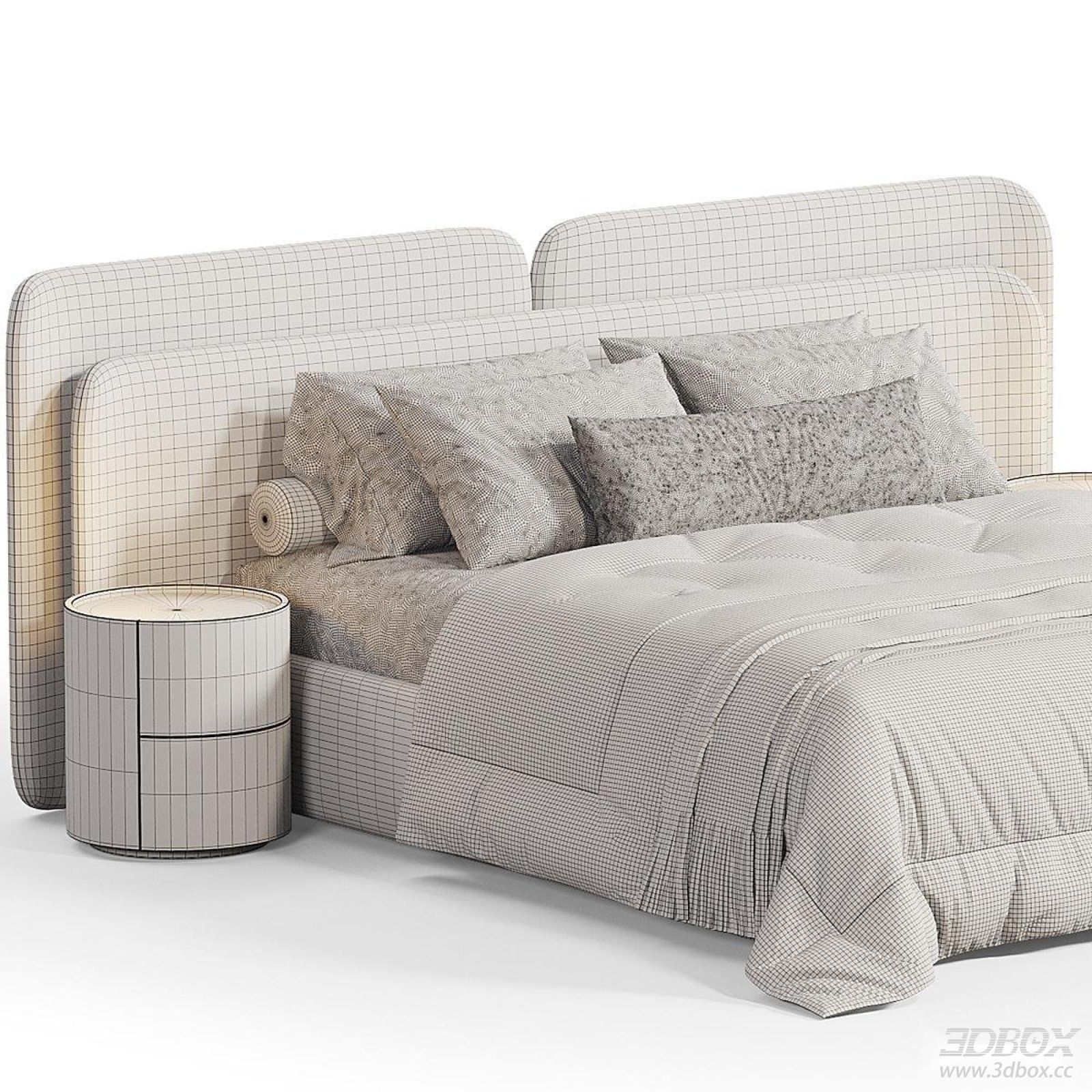 Modern Upholstered Fabric Double Bed with Nightstand and Pillows 3D model - front view