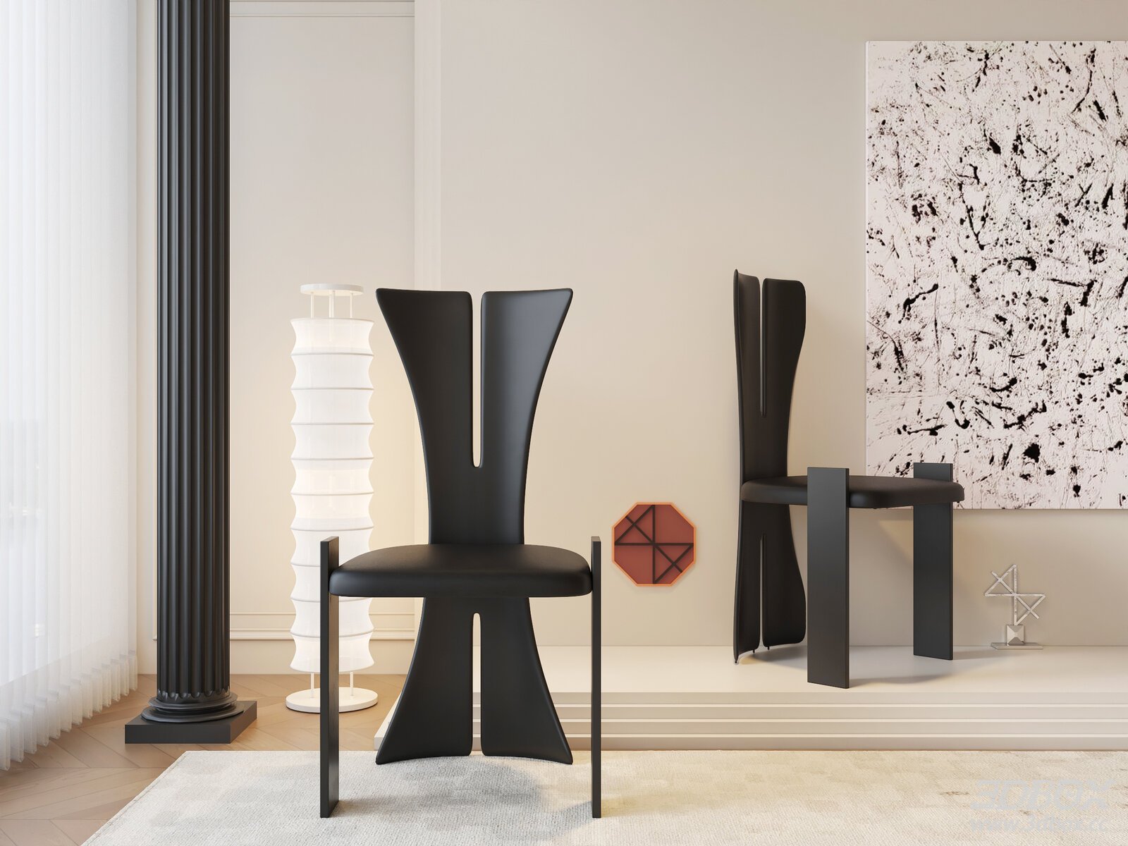 Modern Black Leather Dining Chair 3D model - front view