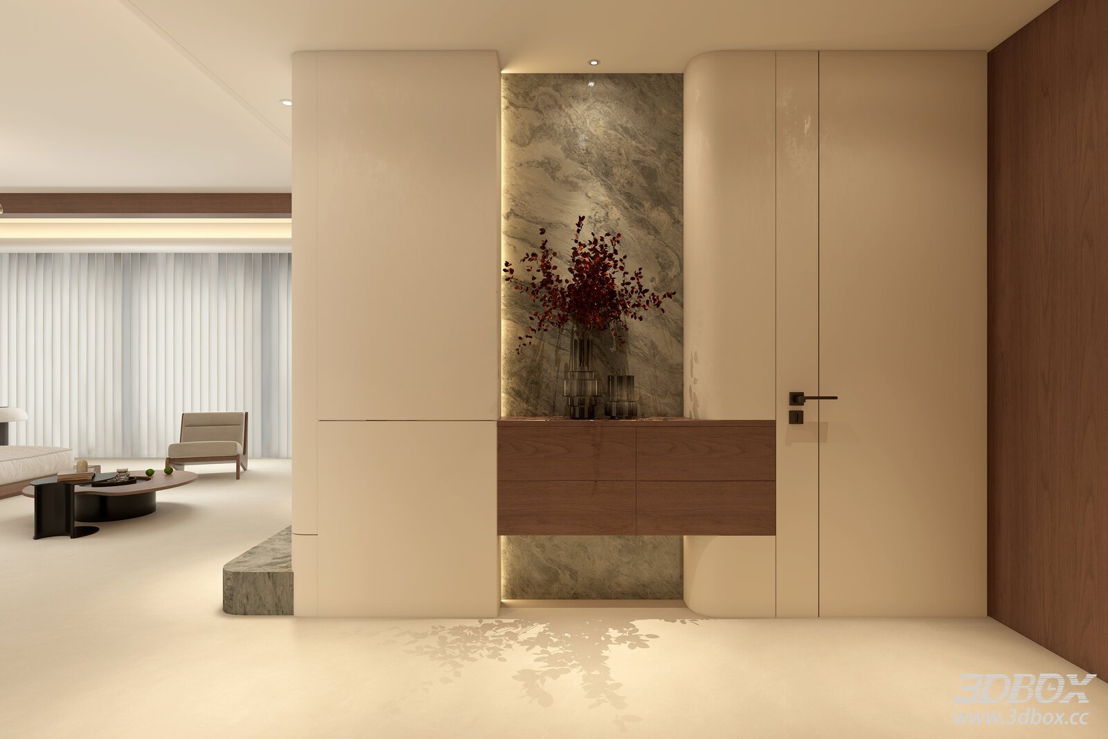 Mid-century Modern Wabi-sabi Entryway Hall Scene 3D model - front view