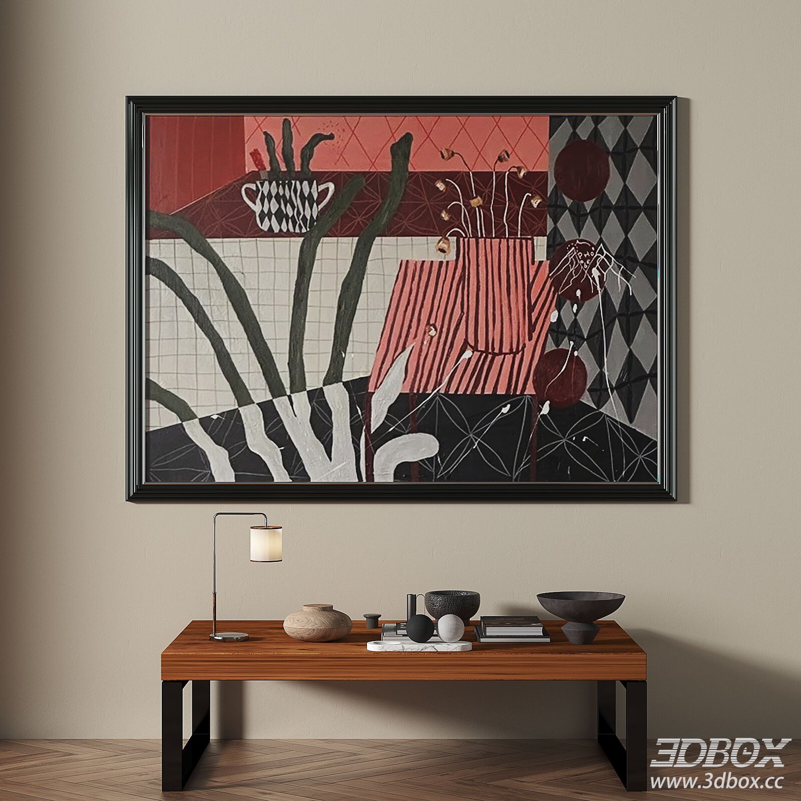 French Retro Abstract Framed Wall Art Set 3D model - thumbnail 1