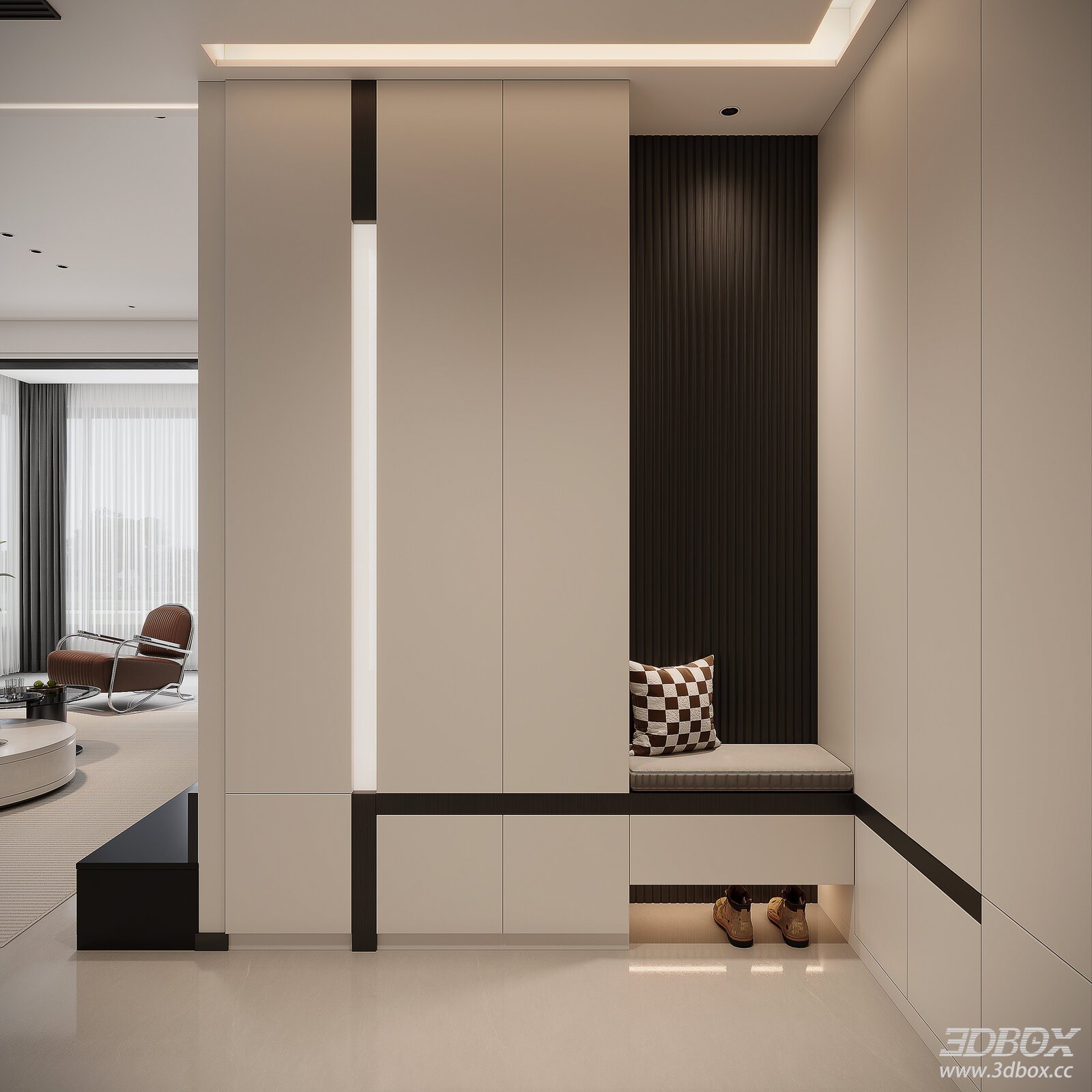 Modern Minimalist Entry Hallway Scene with Shoe Cabinet Bench 3D model - front view