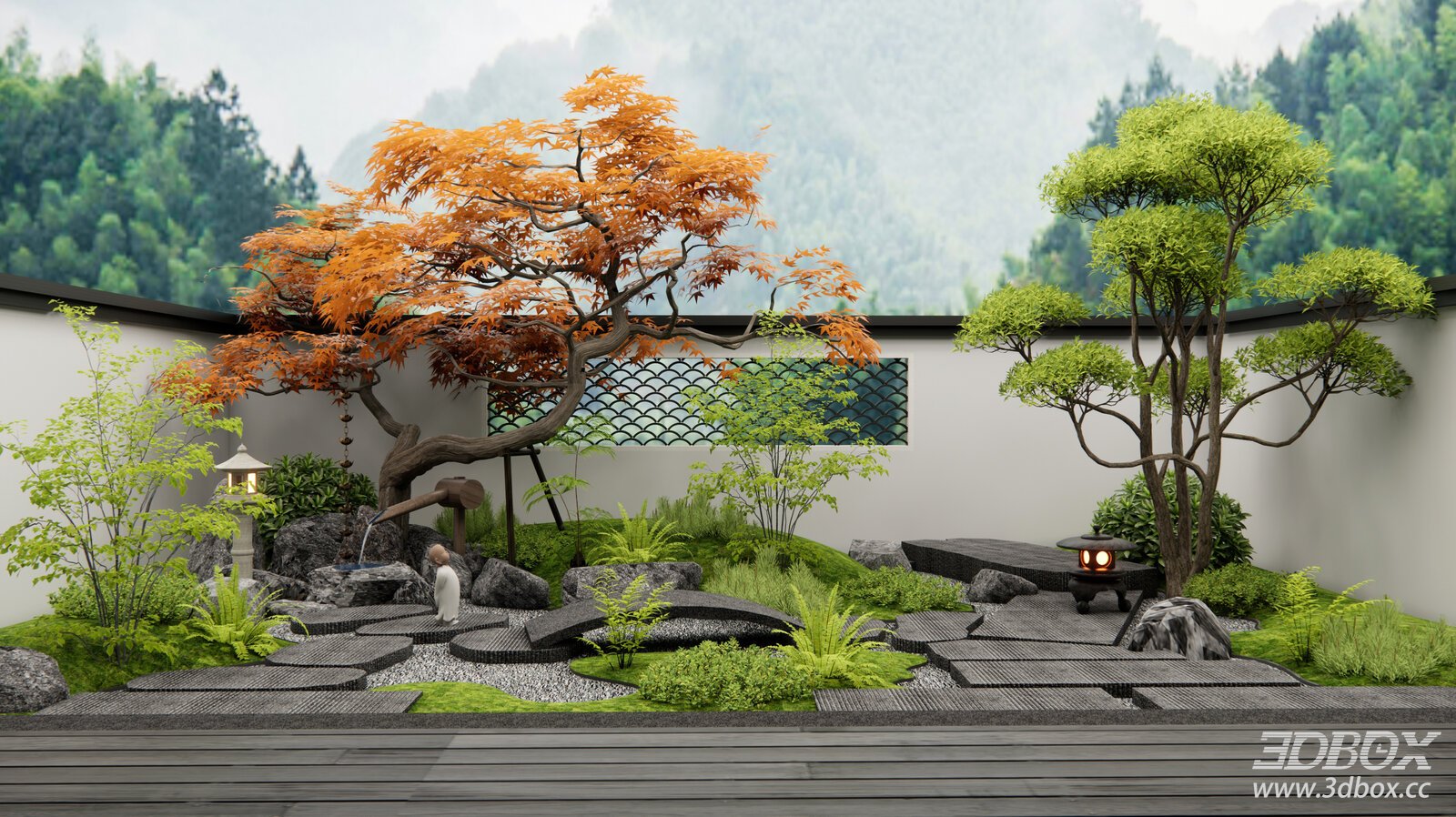 New Chinese Style Zen Courtyard Landscape Garden 3D model - front view