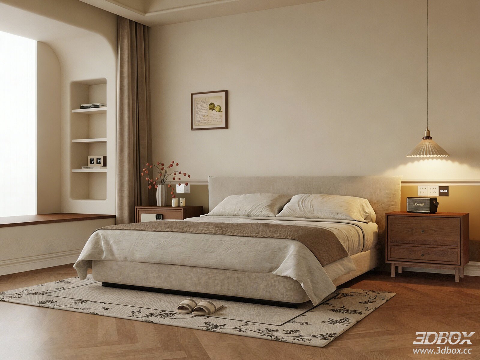 Vintage Style Cozy Bedroom with Double Bed 3D model - thumbnail 1